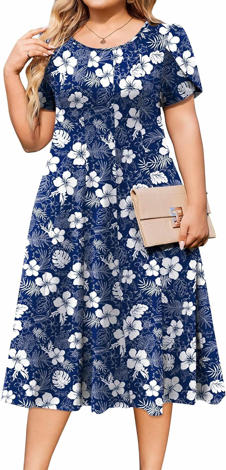 IN'VOLAND Women Plus Size Summer Dresses Petal Short Sleeve Casual Loose Flowy A Line Midi Dress Boho Sundress with Pockets