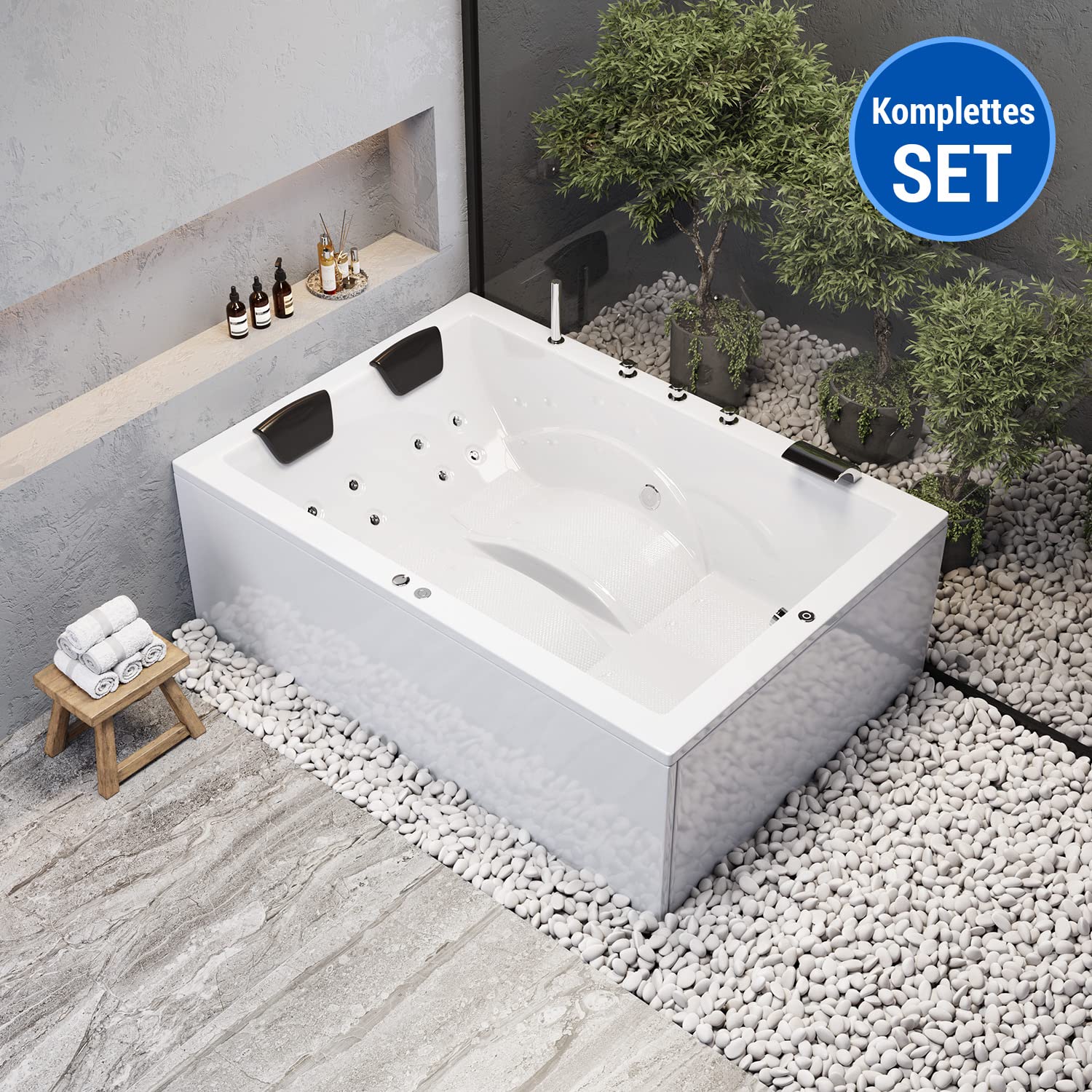 AQUADE Jacuzzi 2 Person Whirlpool Marburg Basic XL 180x130 mit LED Whirlpool Beleuchtung, Armatur Whirlpool Badewanne & Badekissen für Badewanne Whirlpool 2 Personen/Badewanne Komplett Set