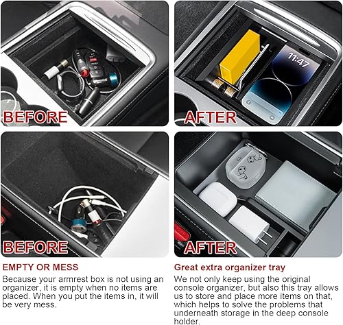 Miniatura 7 de Xotic Tech - Bandeja organizadora de consola central interior, reposabrazos negro, capa de ABS, caja de almacenamiento con cajones ocultos +