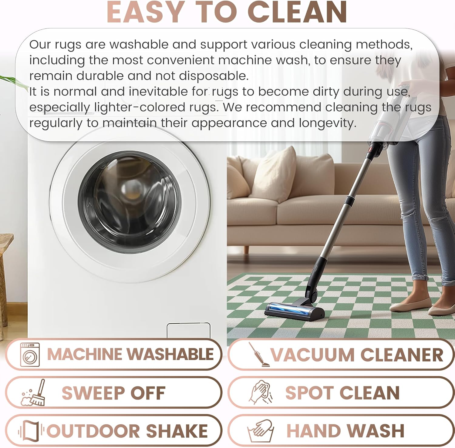 Washable 5x7 Checkered Area Rug for Living Room, Sage Green Checkerboard Modern Boho Large Rugs, Ultra Thin Low Pile Lightweight Indoor Carpet with Non-slip Backing for Bedroom Classroom Playroom Kids - Image 5