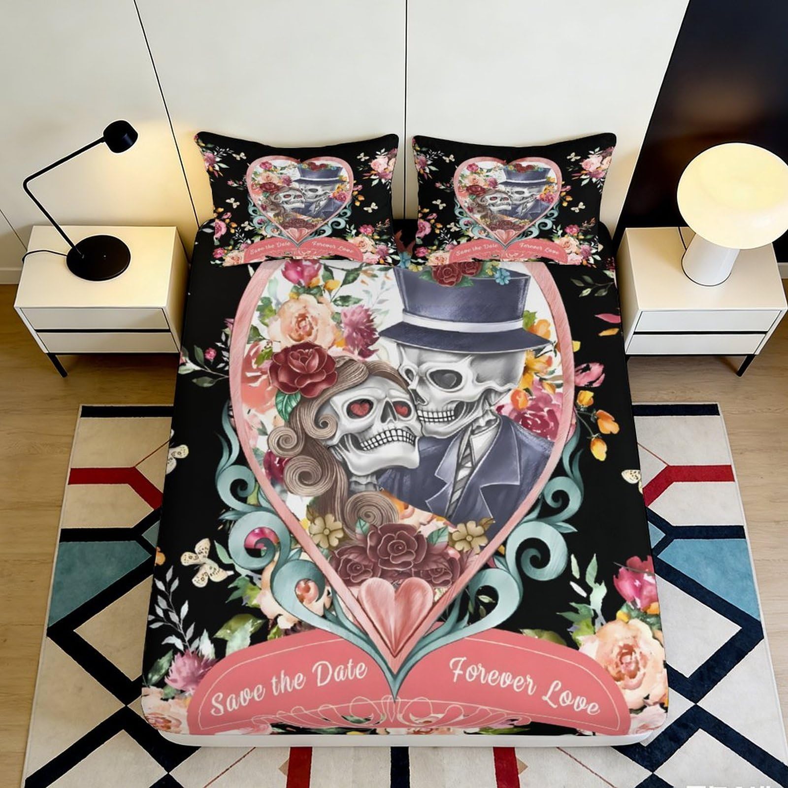 3D Printed Romantic Skull Couple Fitted Sheet Microfiber Soft Breathable Floral Bed Cover with Heart Design for Bedroom Dormitory Guest Room 140x200x25cm