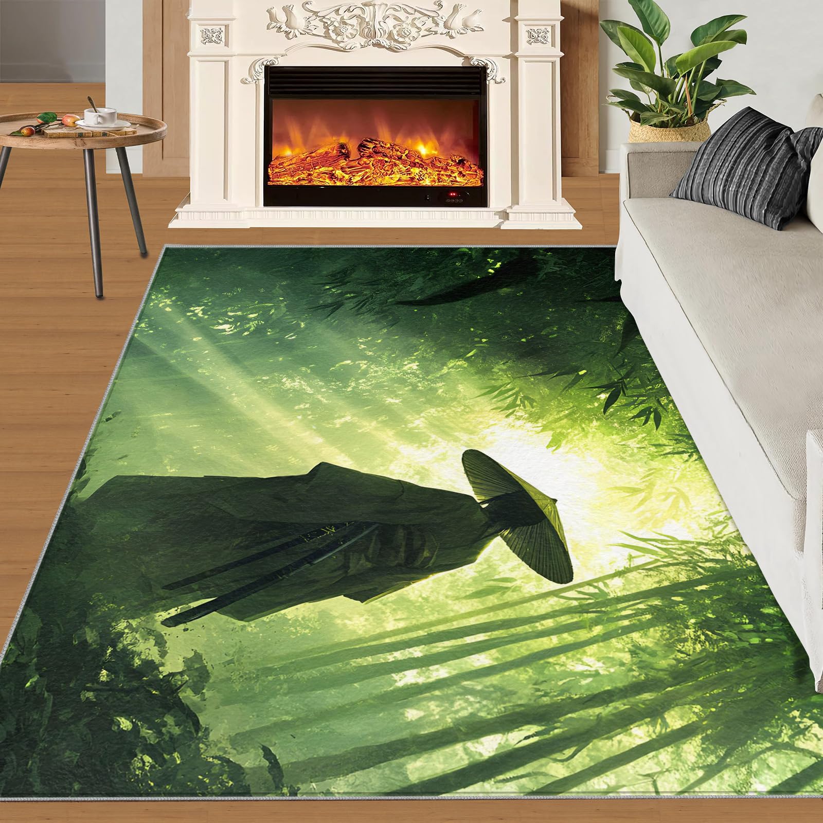 Tapis en bambou anti-tache lavable pour intérieur et extérieur motif forêt 120x180