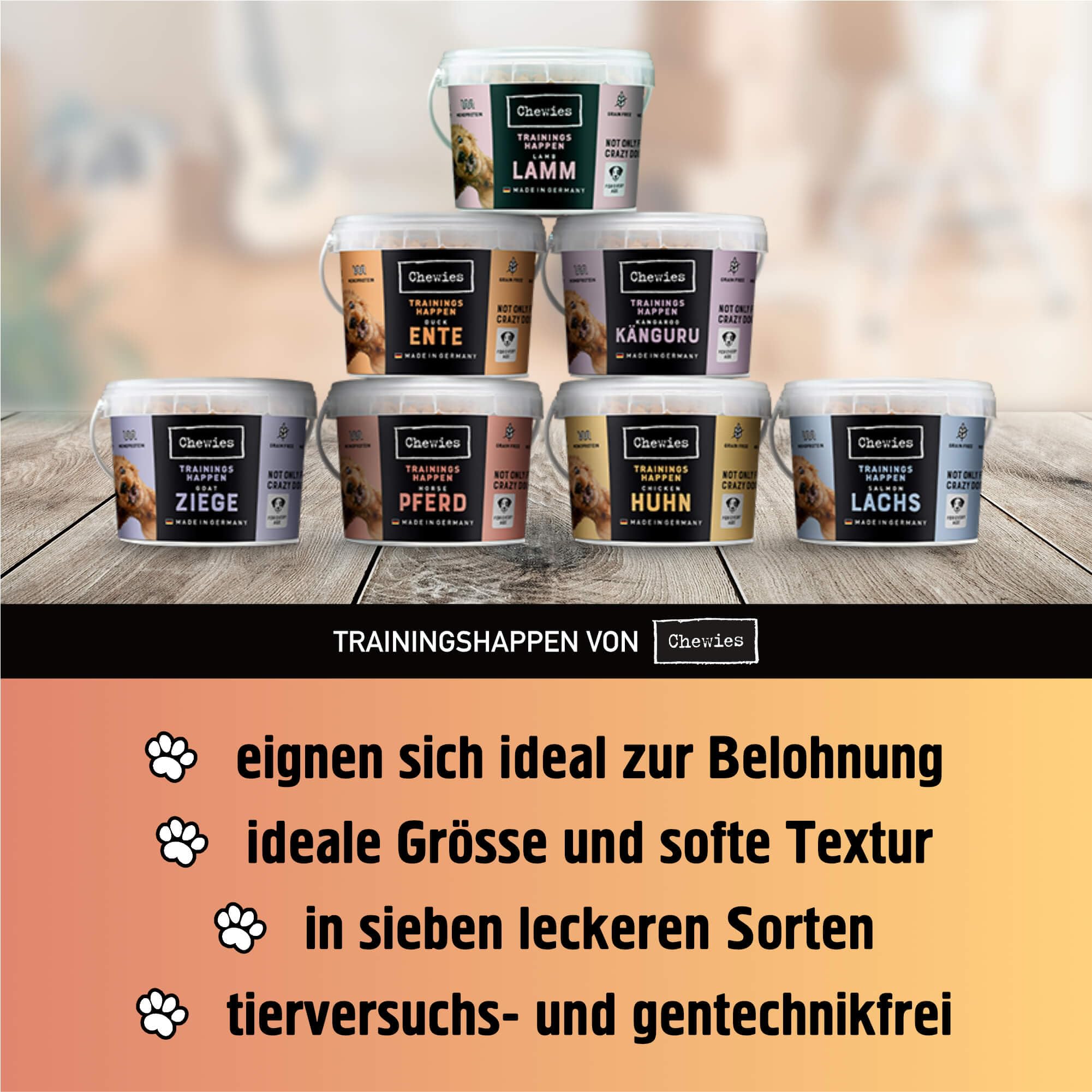 Chewies Trainings-Happen Mélange de friandises pour Chien sans céréales, Douces et sans Sucre – Friandises monoprotéines pour Chien dans Un Seau refermable – Fabriqué en Allemagne (6 x 300 g)
