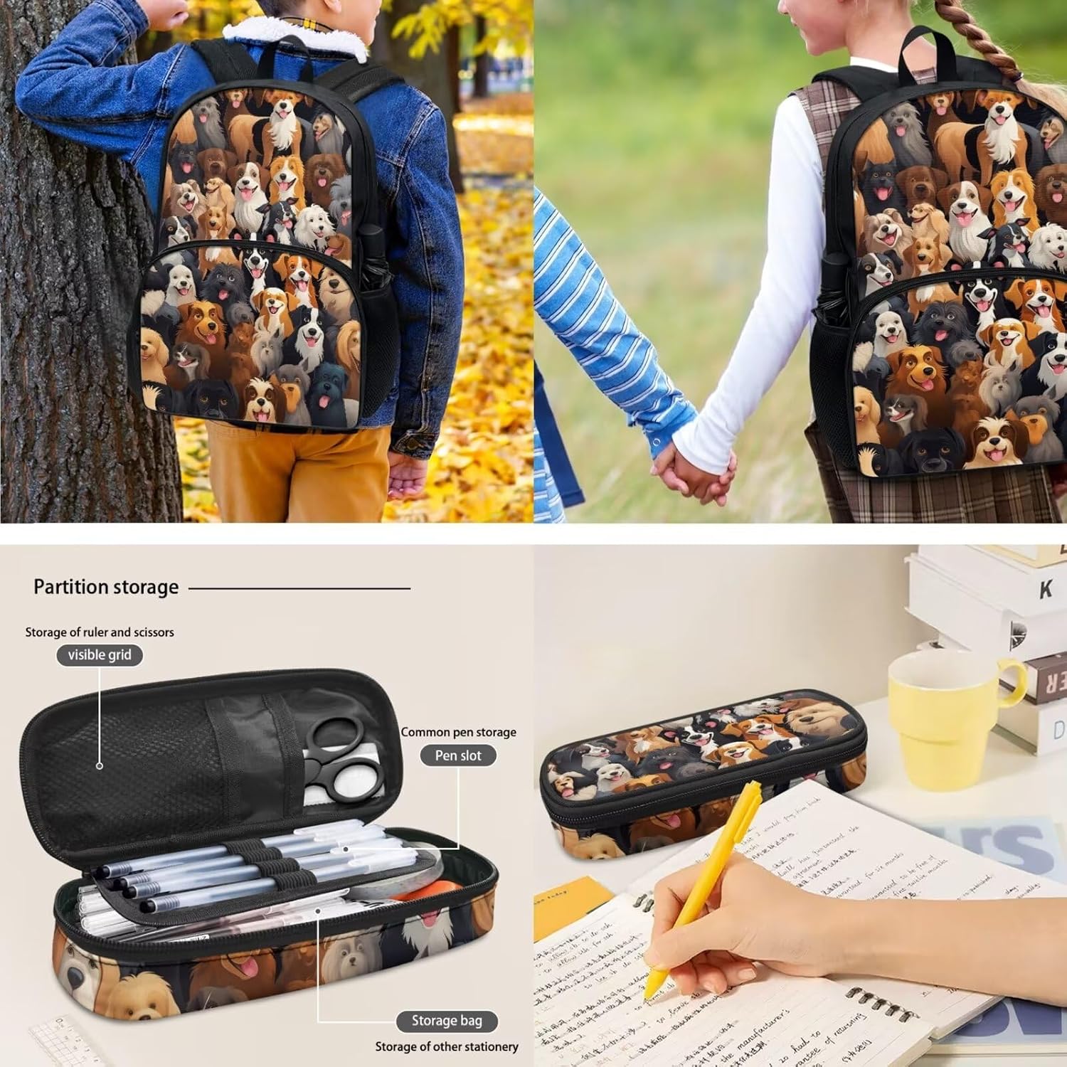 Adorable Dog Backpack for School，4Piece Cartoon Dog Face Print Schoolbag with Lunch Box and Pencil Case，Water Bottle Carrier Bag,Large Capacity 17Inch Child Backpack for Boys Girls