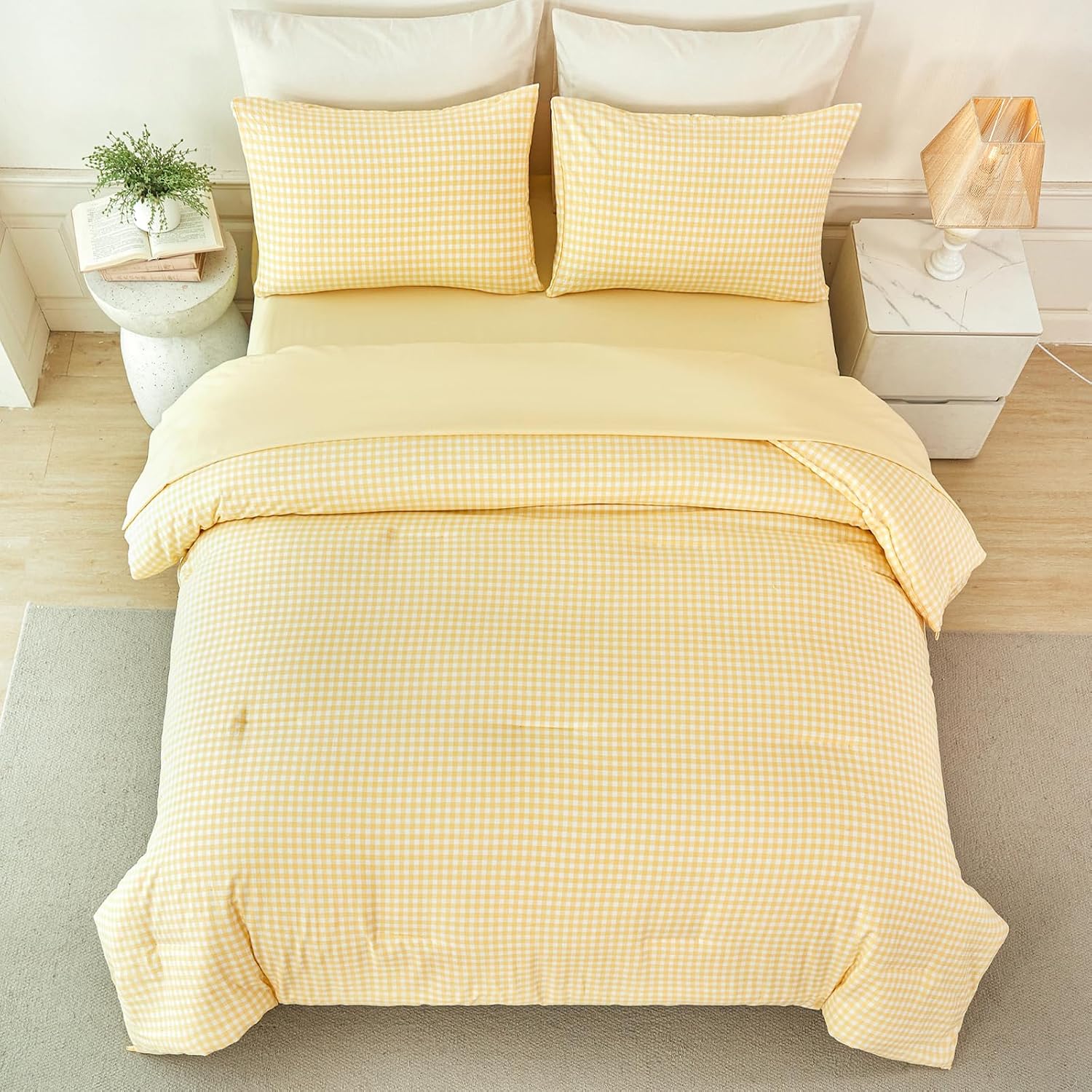 RYNGHIPY Full Size Checkered Comforter Set Classic Yellow White Gingham Grid Bedding Sets 5 Pcs Pre-Washed Microfiber Bed Sets with Sheets Shabby Cottage Bed in a Bag (Yellow Gingham, Full)