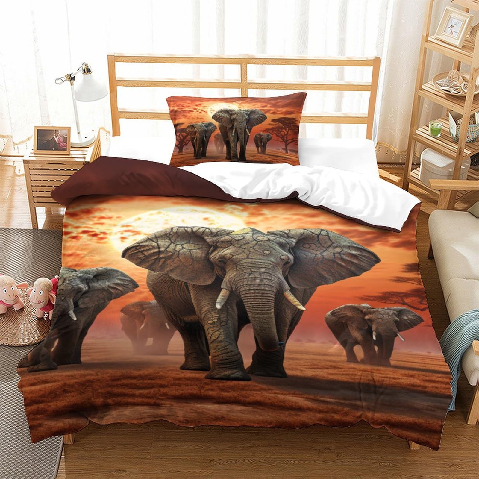 Housse de couette éléphants 3D parure de lit microfibre 135x200 cm linge de lit enfant ado