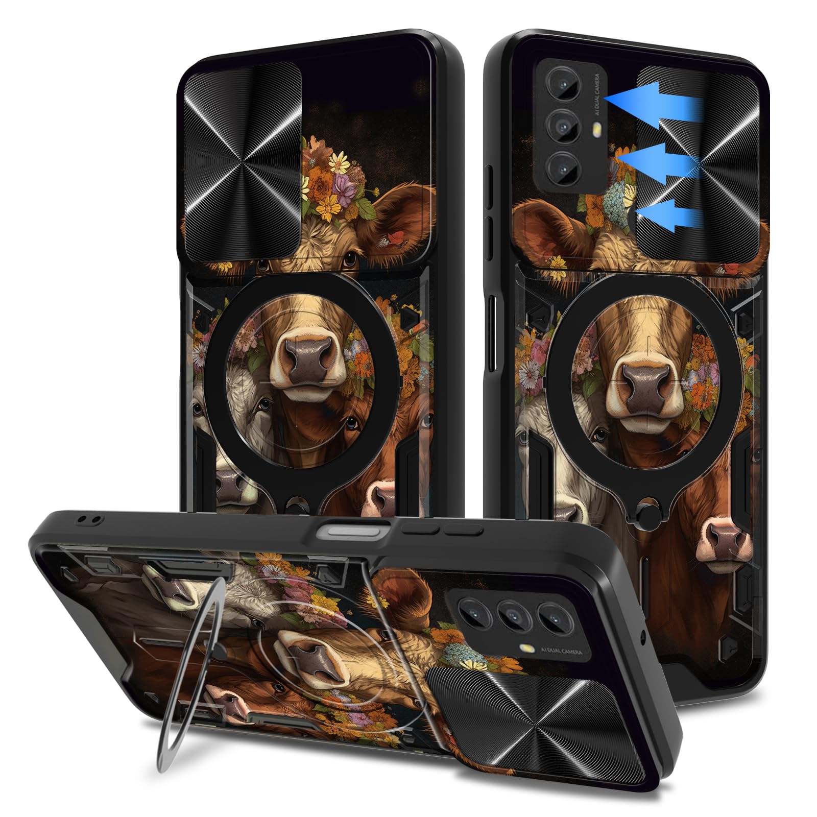 Case for Moto G Play 2023/Moto G Power 2022 Case with Slide Camera Cover,360°Rotatable Kickstand Heavy Duty Shockproof Full Body Phone Cover for Moto G Play 2023 6.5" Case-Cow Flower