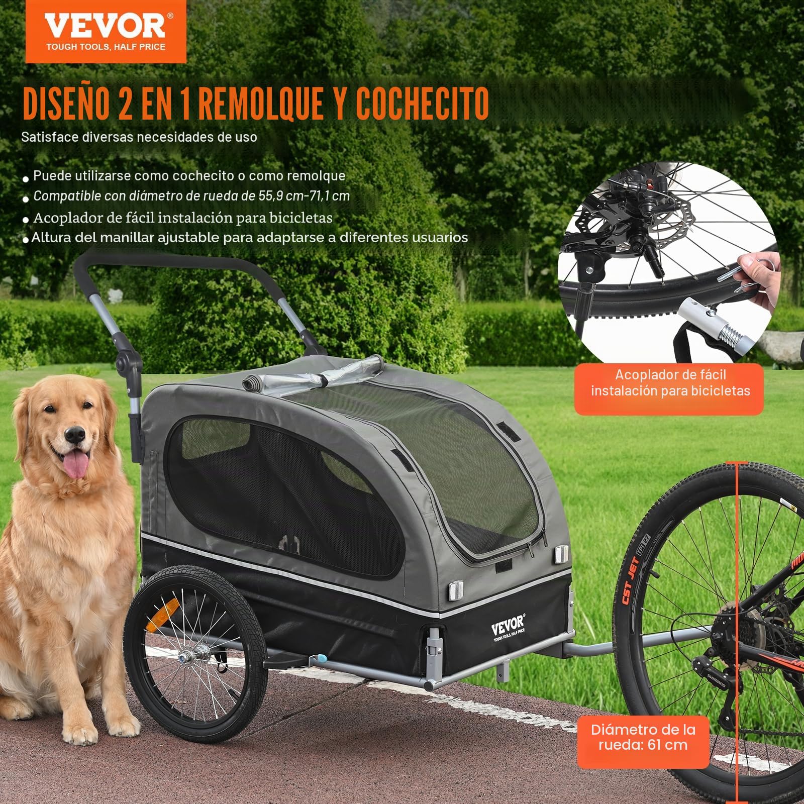 VEVOR Remolque para Perros 2 en 1 de Acero al Carbono + Tela Oxford 600D + PP Plegable Remolque Bicicleta para Perros