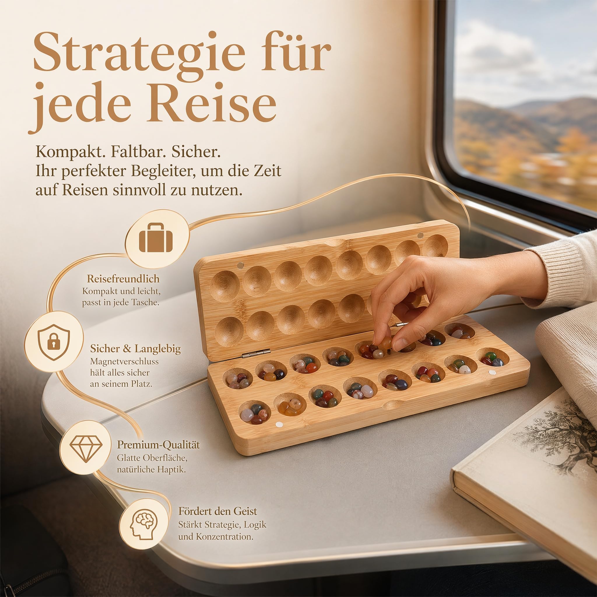 POPETPOP Mancala Steinchenspiel Holz mit Steinen, Kalaha Spiel | Faltbares Bambusbrett, 65 bunte , Logikspiel für 2 Spieler, ideal für Reisen, fördert strategisches Denken