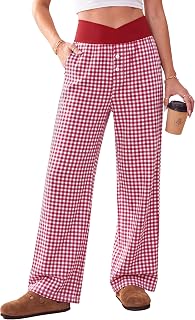Blooming Jelly Womens Cotton Gingham Pajama Pants Wide Leg Pajama Bottoms | V Shaped High Elastic Waistband Lounge Pants Wide Leg PJ Pants for Women 2026