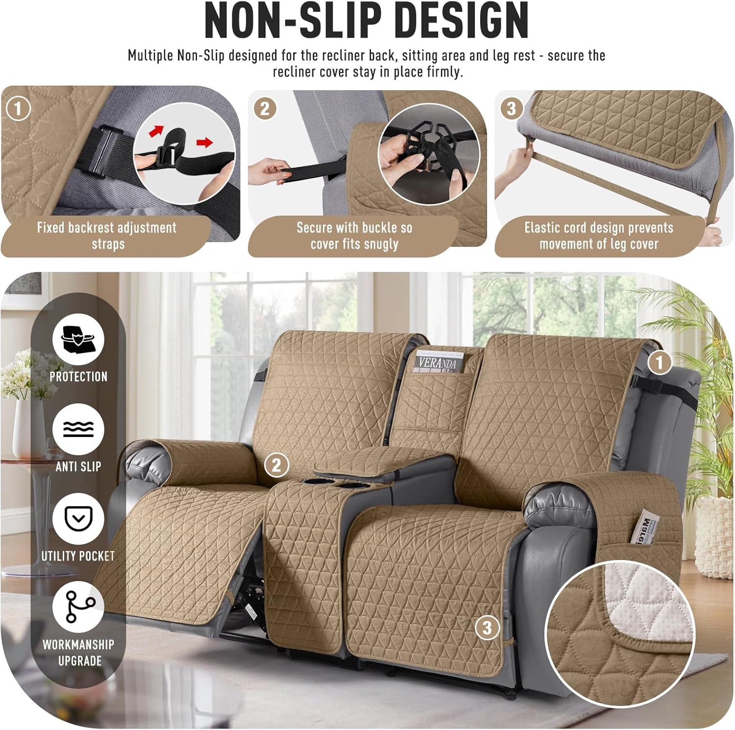 TAOCOCO 100% Waterproof Loveseat Recliner Couch Covers with Console,Double Reclining Couch Cover Non-Slip Sofa Slipcovers Washable,Furniture Protector Covers for Dog,Pets(2 Seater,Camel)