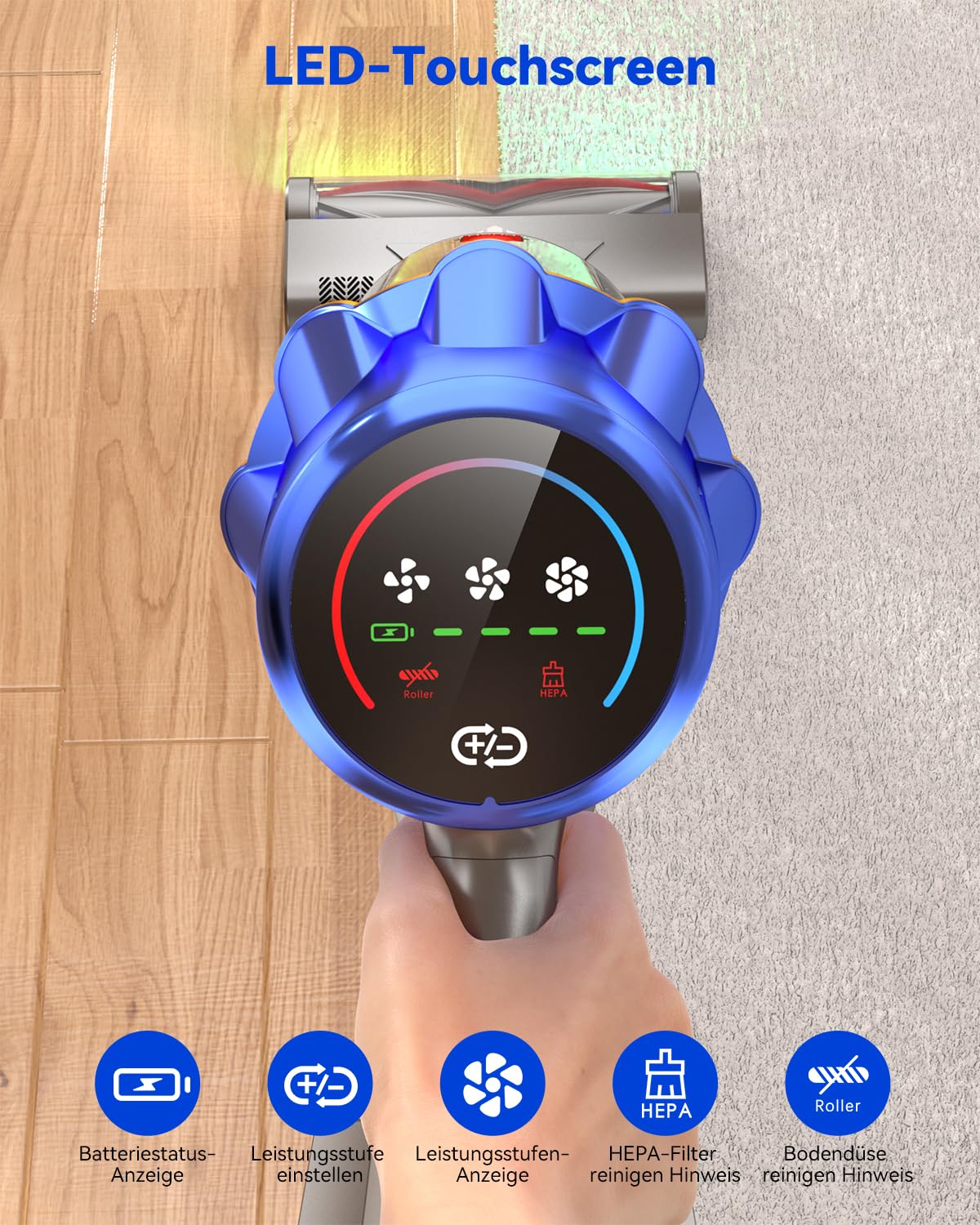 H9 Akku Staubsauger 58000Pa/650W/80Min, Staubsauger Kabellos mit LED-Touchscreen, Selbststehender Akkustaubsauger, Upgrade Anti-Tangle Bodenbürste für Tierhaare/Teppiche/Hartböden, Blau | Akkustaubsauger | 6 Grünen LEDs | Selbststehend | Anti-Tangle Bürst