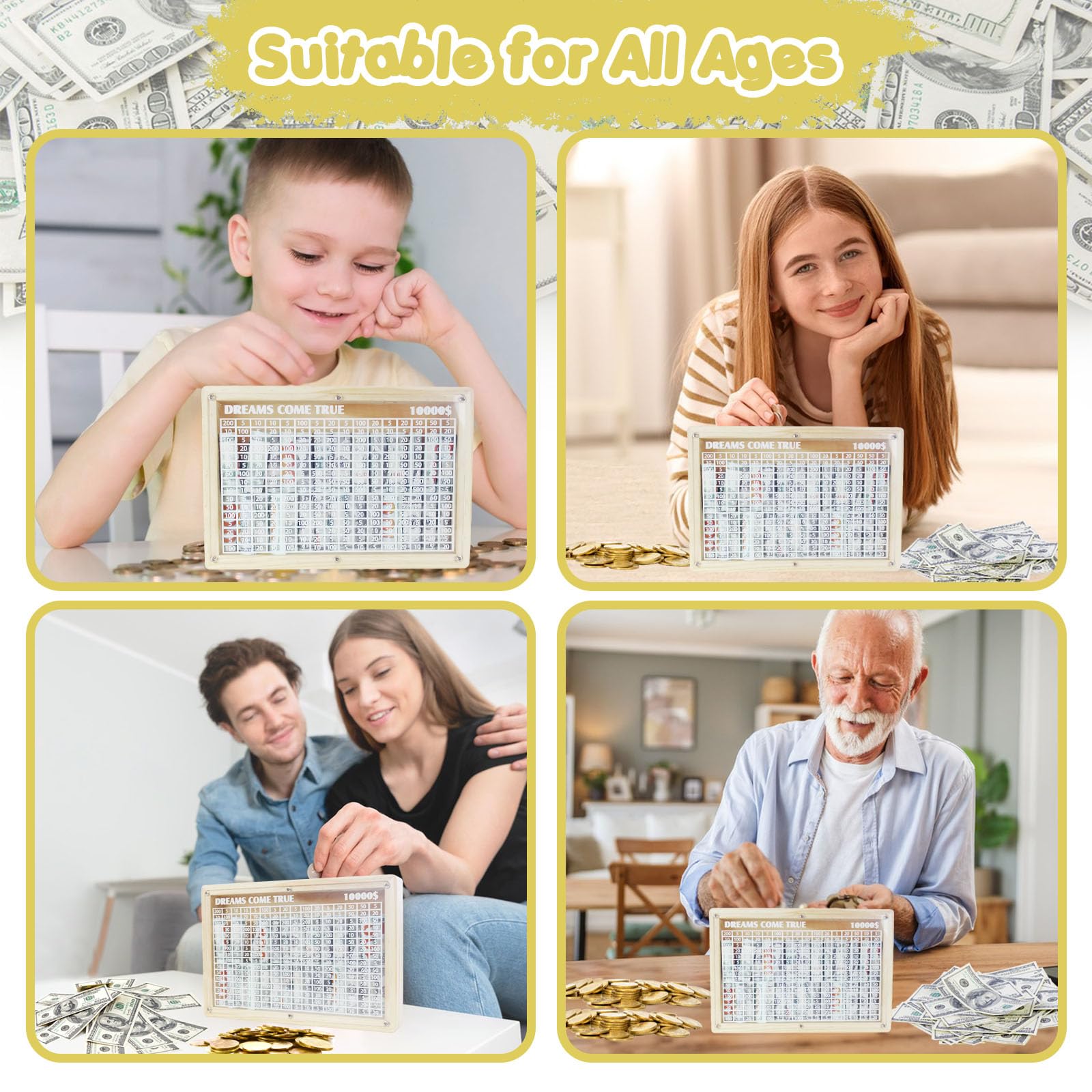 Wooden Money Savings Box 10000 Tenkaybox,Unbreakable and Reusable Challenge Piggy Bank for Adults,Kids,Parents with Counter, Cash Vault Saving Box Gifts for Boys and Girls,Caja para Ahorrar Dinero