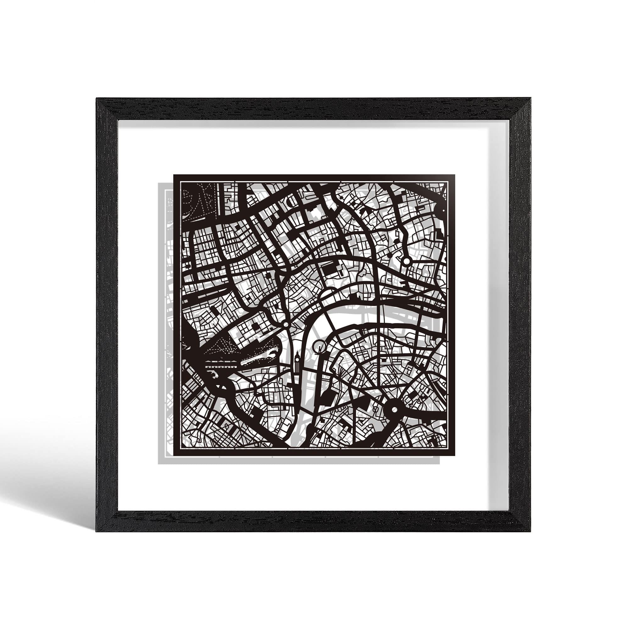 O3 Design Studio London Cut Map Framed, Black map, Black Frame, 9x9 inches, Paper Cutting Art Work, Gift Boxed, 2 Background Color, self-Changing, Wall Art