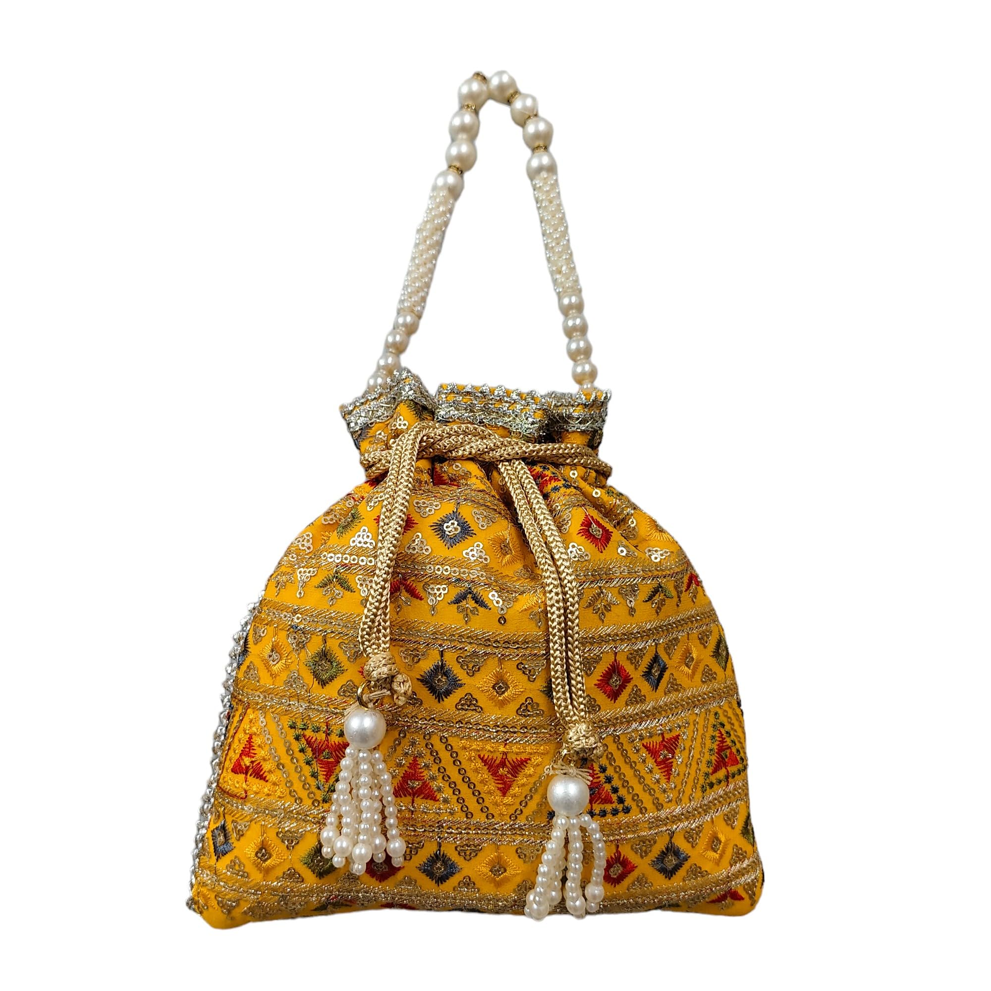 EK PAHECHAN Womens Beautiful Handmade Pearl Tassels Heavy Embroidery Work Ethnic Drawstring Yellow Potli Bag for Parties & Weddings (Yellow) (B0D1QQFDGW) Amazon Price History, Amazon Price Tracker