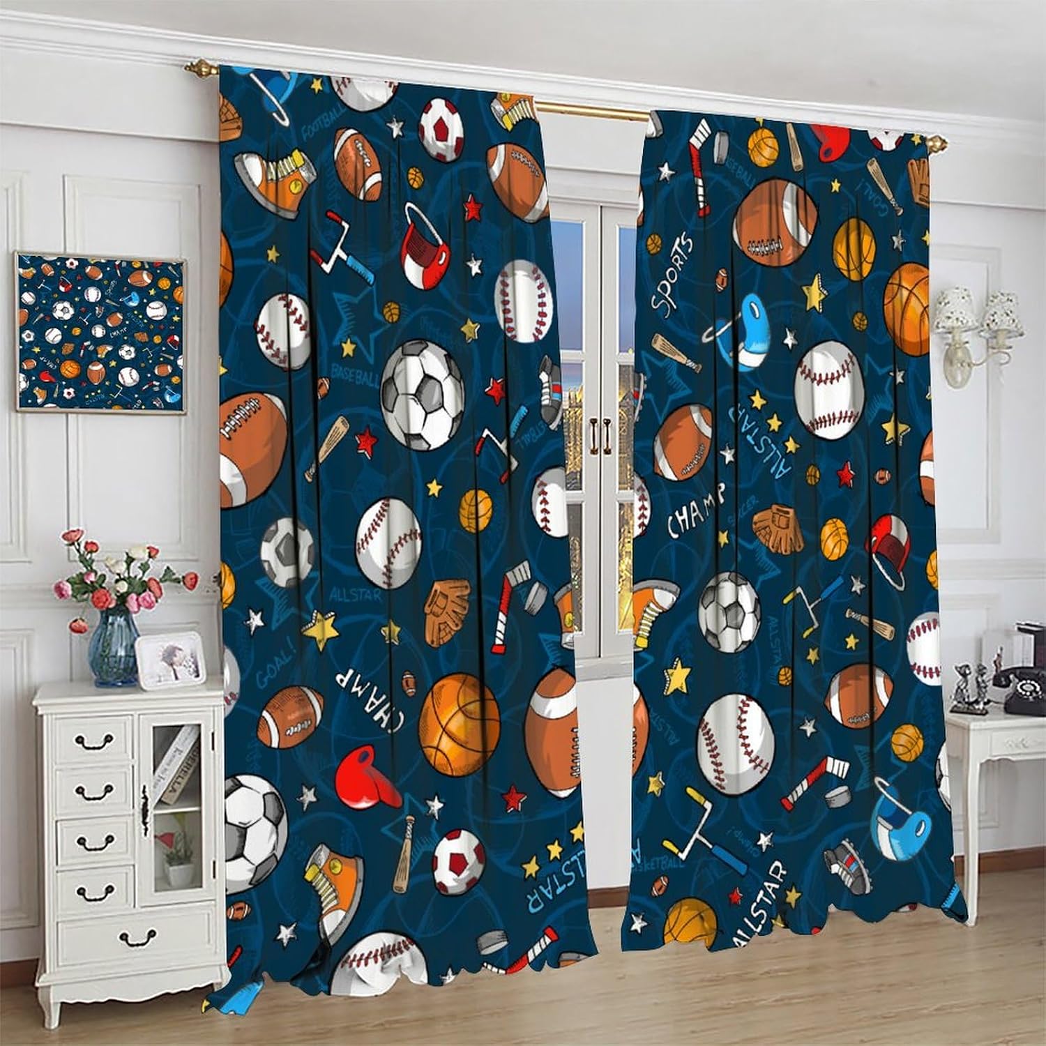 Basketball Curtains, Baseball Football Rugby Window Treatments for Kids Boys Girls Teens Ball Sports Themed Window Curtains for Bedroom Living Room 42" W X 63" L
