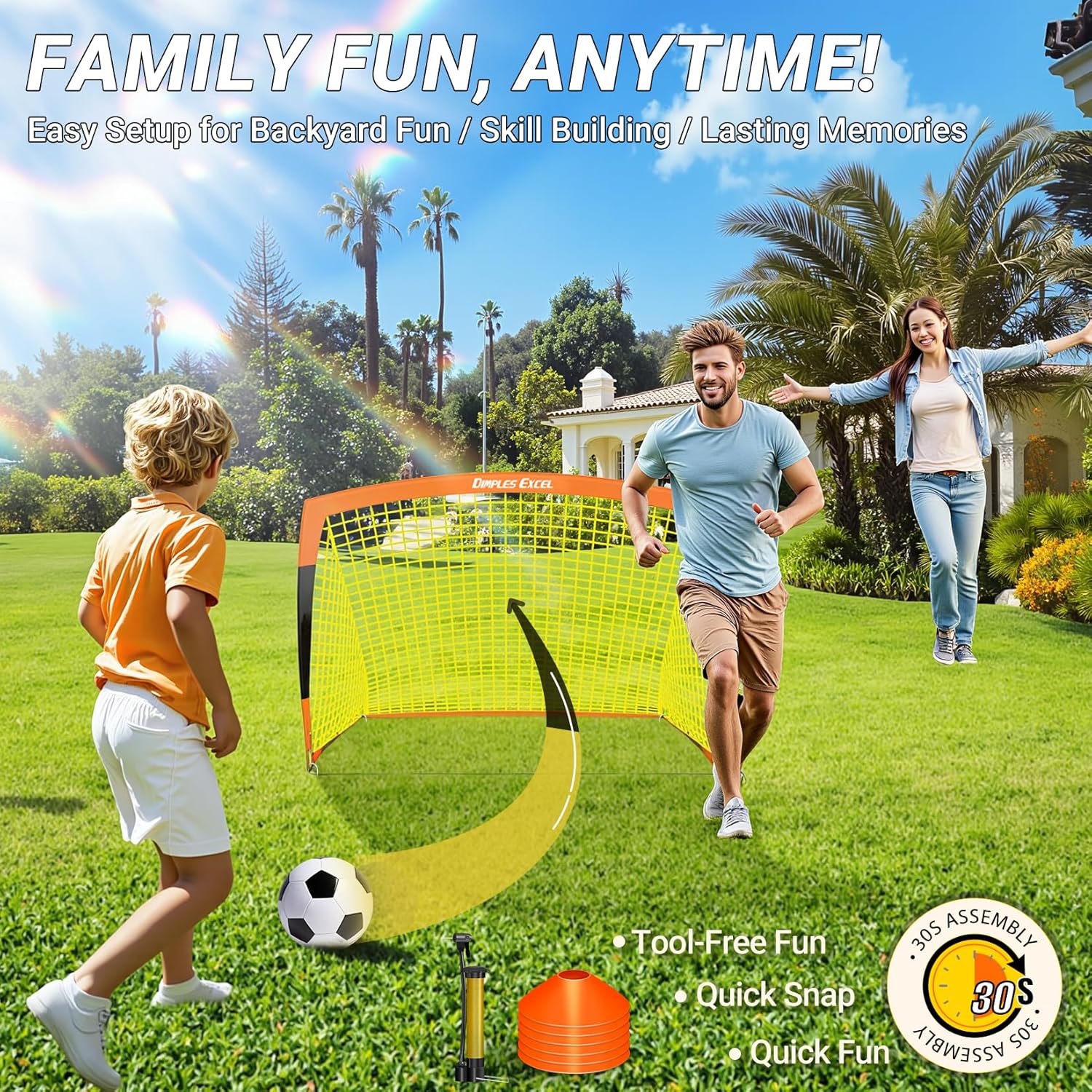 Dimples Excel Soccer Goals Kids Net for Backyard 7x5, 5x3.6, 4x3, 3x2.2 FT