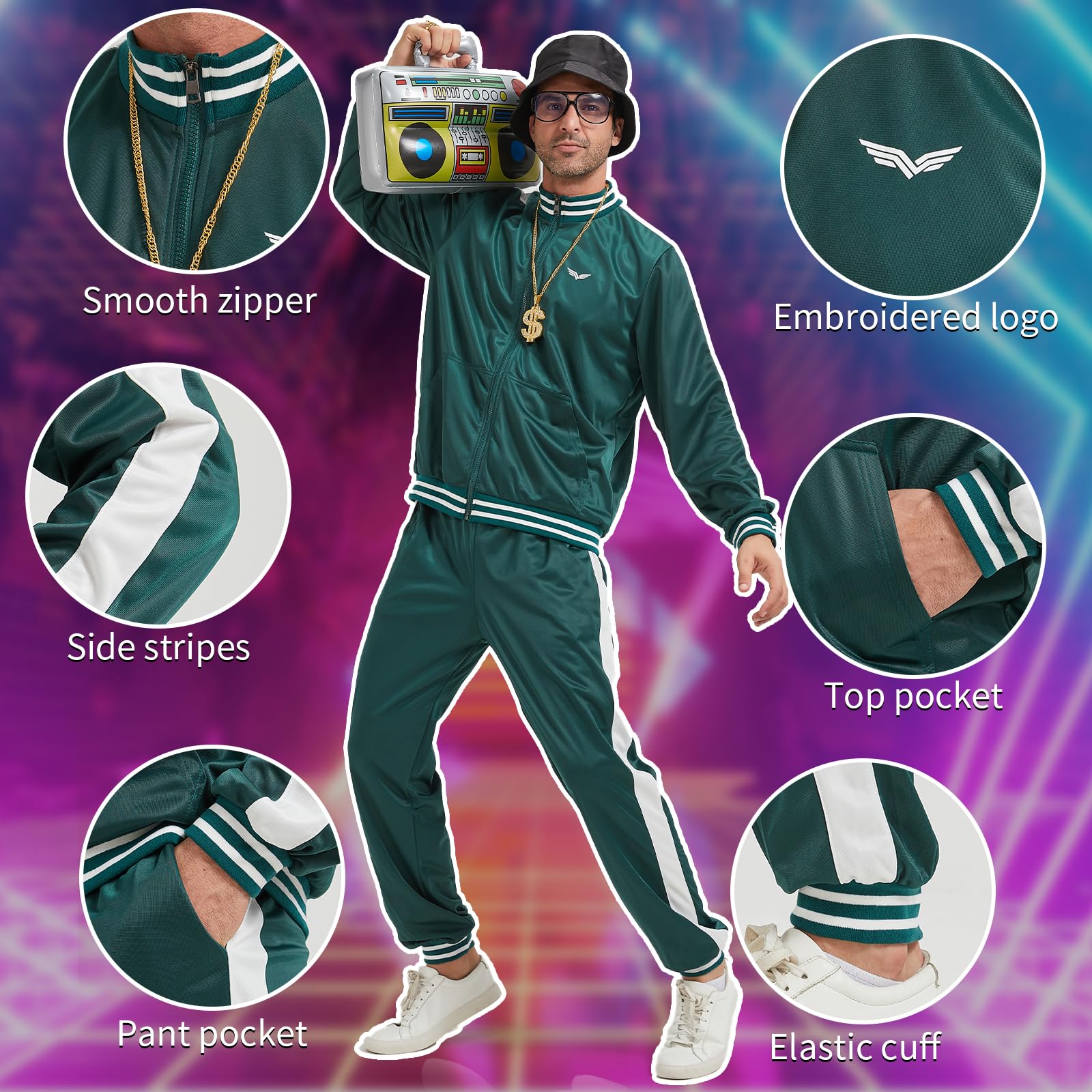 Deaboat Chándal de los años 80 para hombre, traje rompevientos retro de los años 90, ropa deportiva, hip hop, disfraz de fiesta discoteca