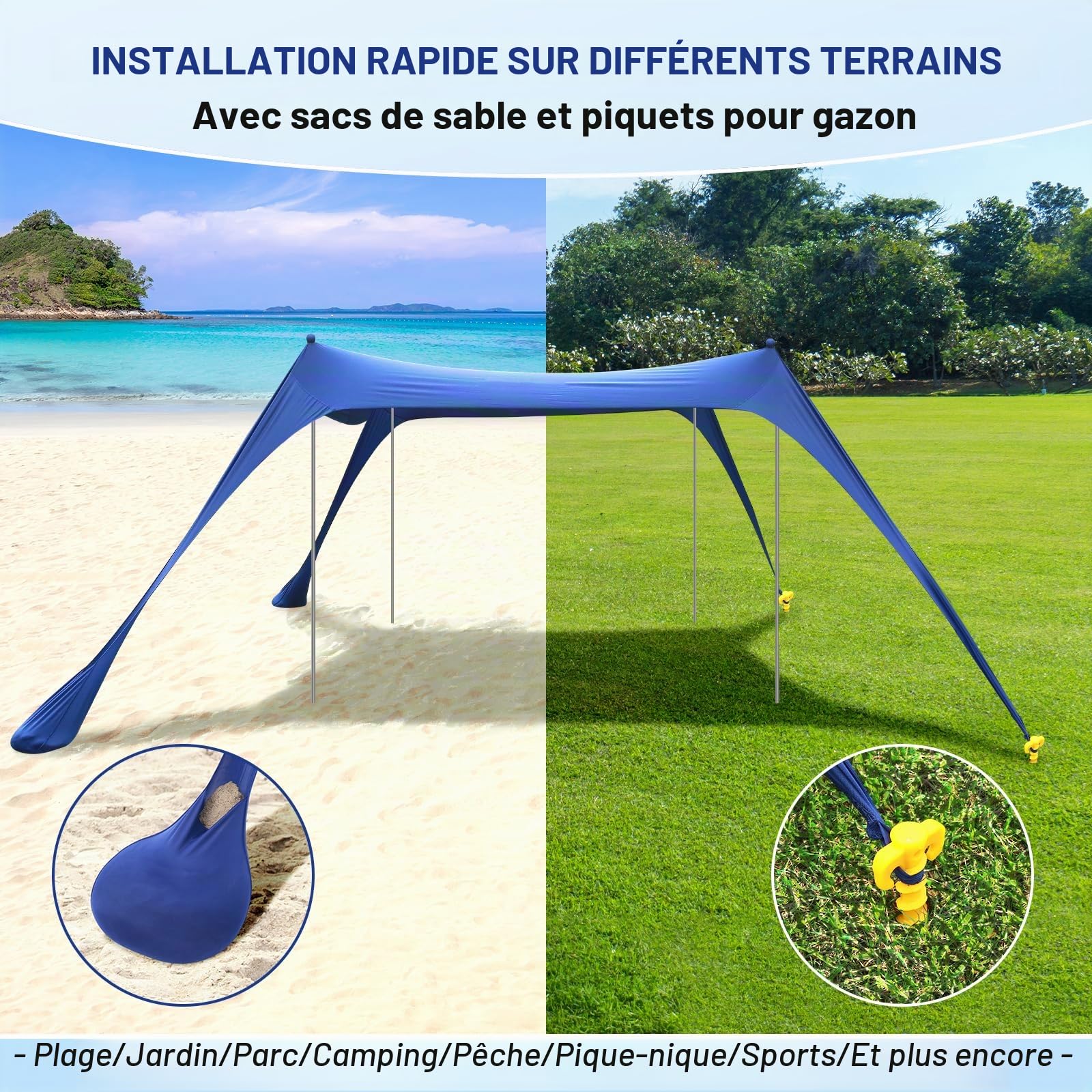 Sportneer Tente de plage, 3 x 3 m, abri solaire UPF50+ avec sacs de sable, pelles à sable, piquets de sol et poteaux de stabilité, auvent de plage d'extérieur pour plage, camping, pêche
