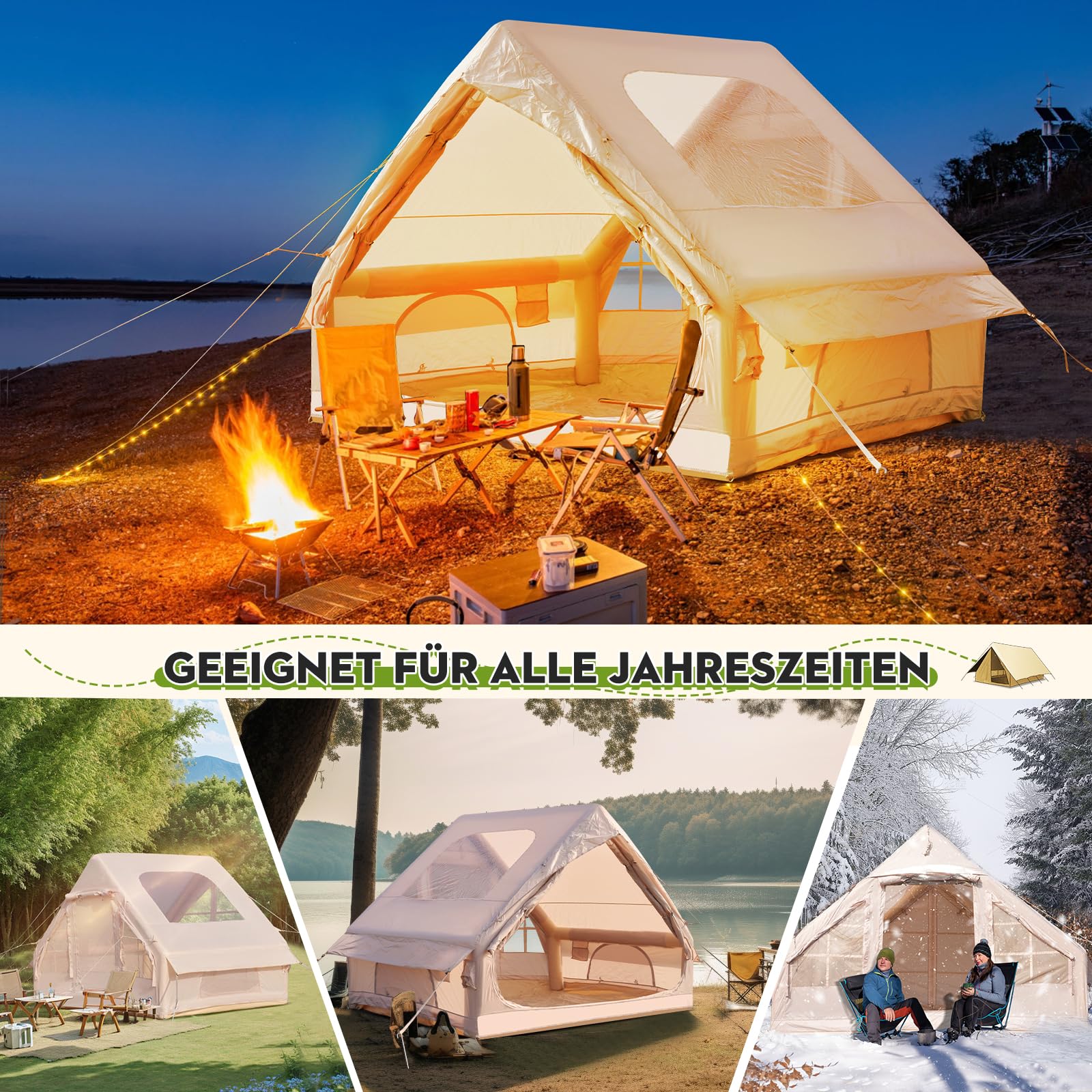 Tente de camping gonflable avec ouverture de cheminée et fenêtre de toit, tente d'extérieur pour 2 à 8 personnes avec pompe à air, tente gonflable en tissu Oxford imperméable pour 4 saisons, montage