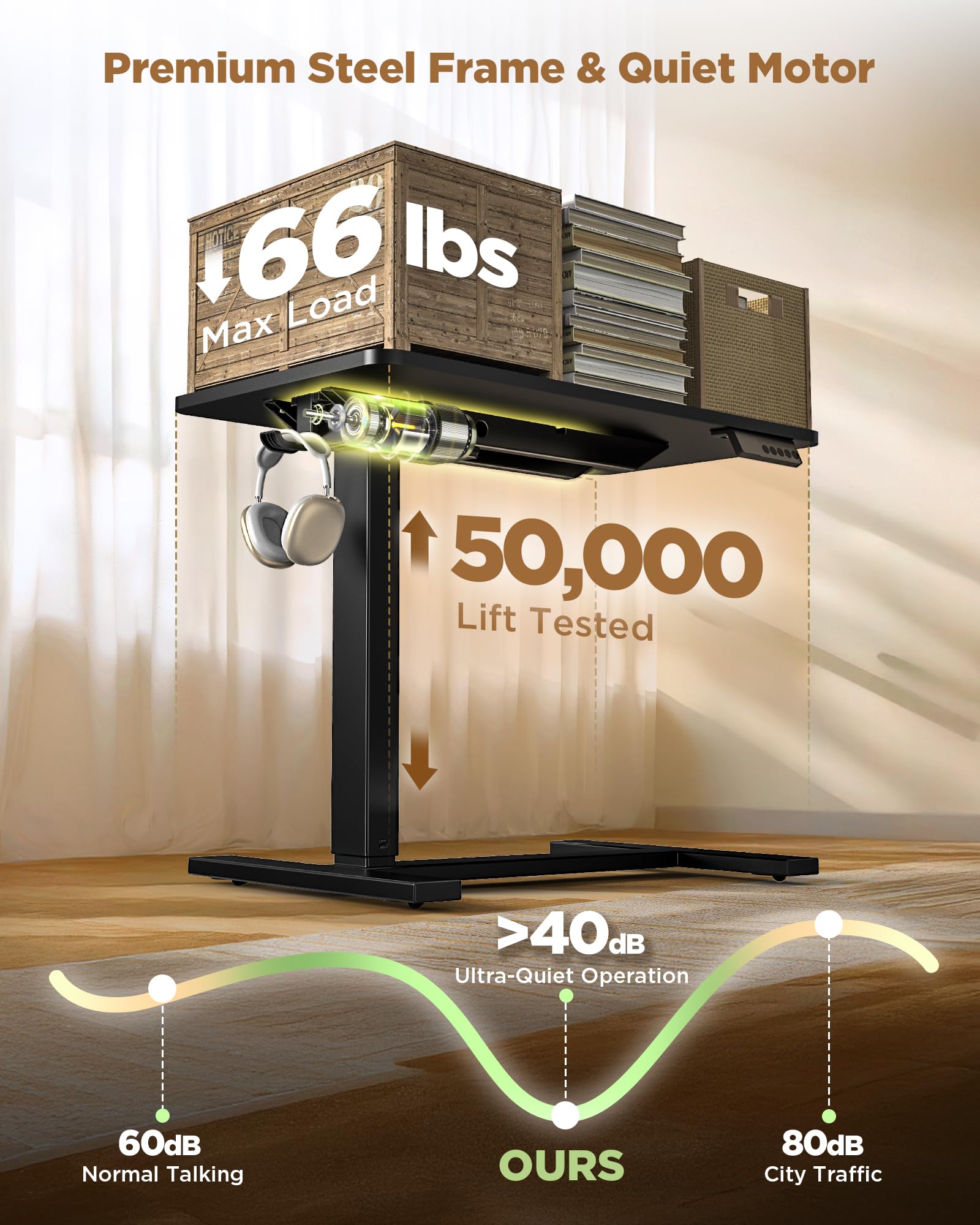 Overbed Bedside Table with Wheels Electric Standing Desk Adjustable Height Small Computer Desk for Home Office Rolling Laptop — view 4