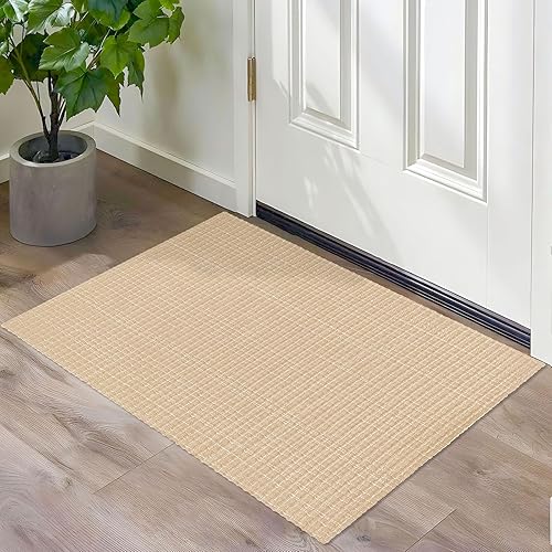 Lansny Alfombras bohemias de 2 x 3 pulgadas para entrada, alfombras de baño tejidas a mano color beige tostado, alfombras trenzadas de bajo perfil,
