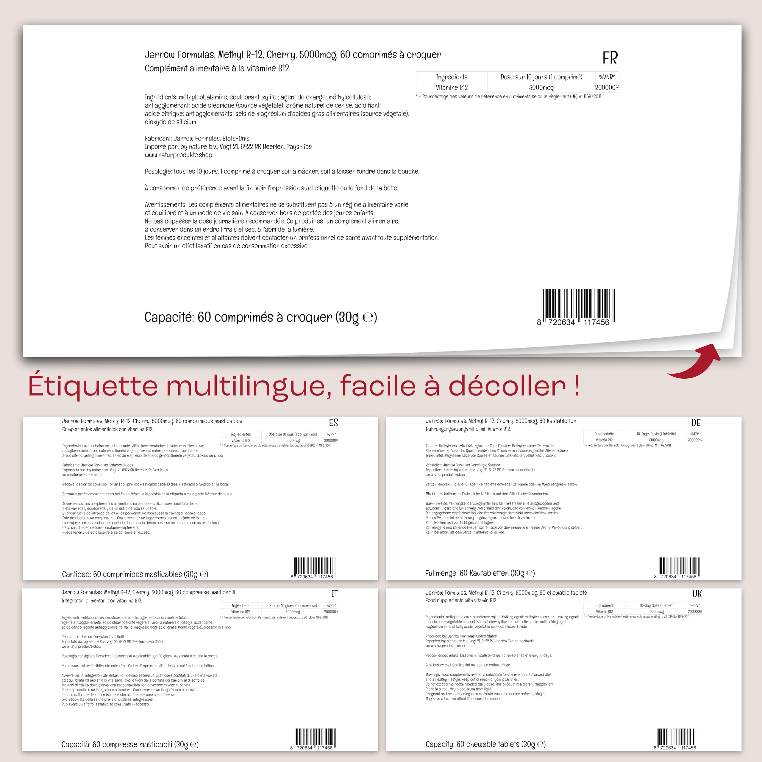 Jarrow Formulas, Méthyl B12, 5.000mcg, 10-Jours-Dépôt, Goût de Cerise, 60 Comprimés à Mâcher végétaliens, Sans Gluten, Végétarien, Sans Soja, Sans OGM