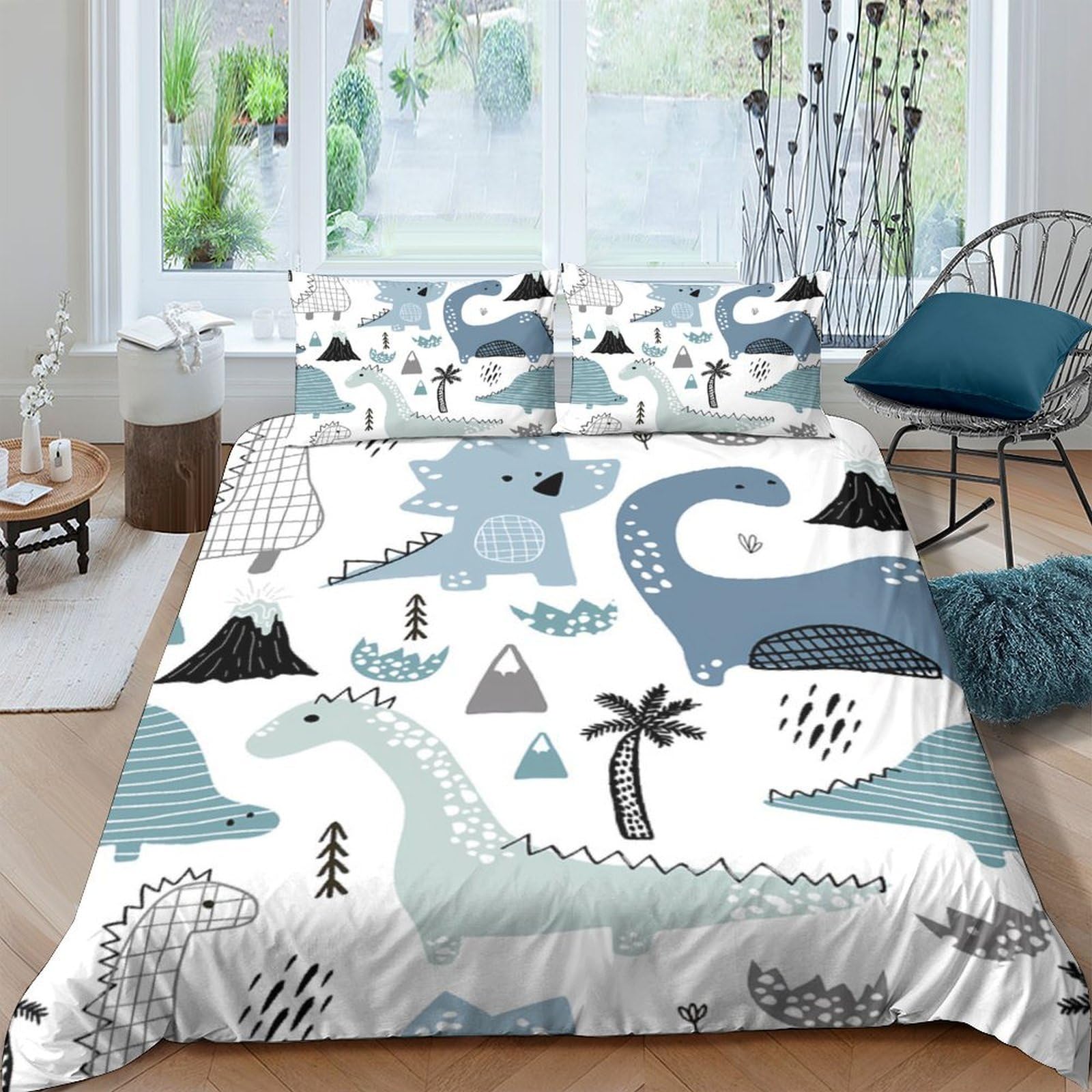 Ctjqhvkz Style-2 3D Printed Blue Dinosaur Fitted Sheet Microfiber Soft Breathable Cartoon Palm Tree Mattress Cover Bedroom Decor Single（135X200cm）