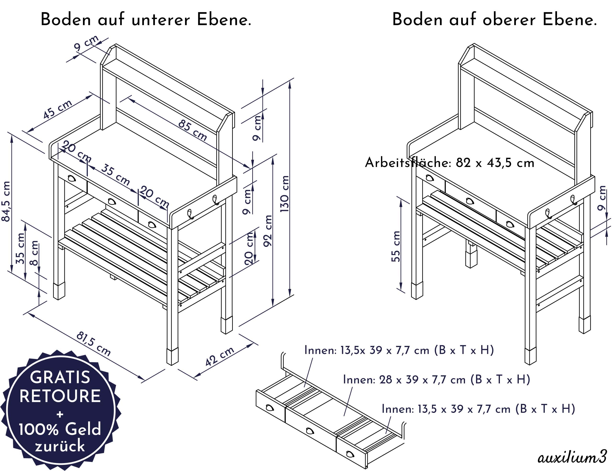 Mesa Grande para Plantas de Cultivo Blanca con 3 cajones de Madera Resistente a la Intemperie, Mesa de Trabajo para jardín XL para Exteriores, balcón, Mesa de Jardinero, Blanco grisáceo