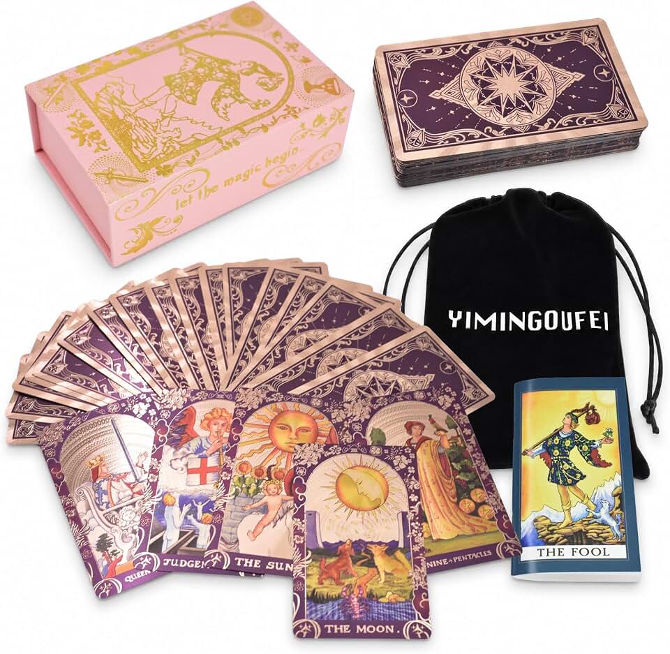 Tarot Rider Waite en Inglés, 78+2 Cartas Impermeables | Acabado holográfico dorado con manual y bolsa de terciopelo