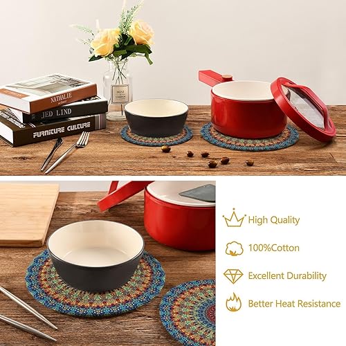 Miniatura 6 de ALAZA Juego de salvamanteles redondos de mandala bohemio, juego de soportes de ollas calientes de algodón, posavasos de granja, almohadillas