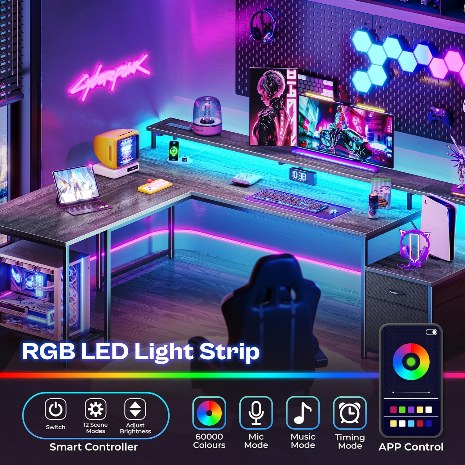 Desk with RGB LED lights illuminated, showing smart controller and app interface