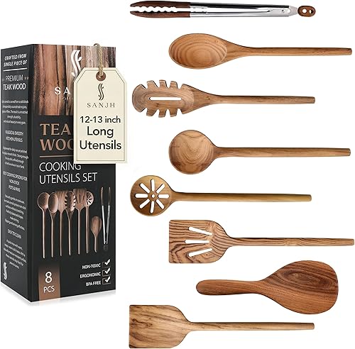 Juego de 8 cucharas de cocina de madera de teca, juego de utensilios de madera con espátula raspador, cuchara para pasta, pinzas de arroz para