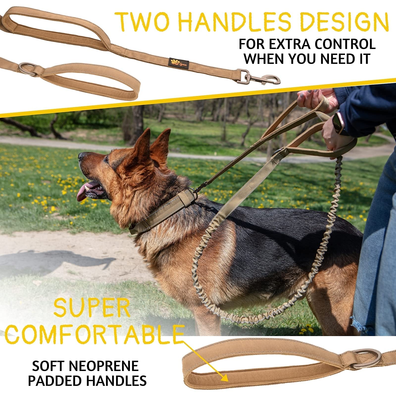 ADITYNA Tactical Bungee Dog Leash 6ft-7.5ft - Shock Absorbing Lead with 2 Padded Handles, Metal Clasp, Car Seatbelt - Heavy Duty No Pull for Medium, Large & XL Breeds