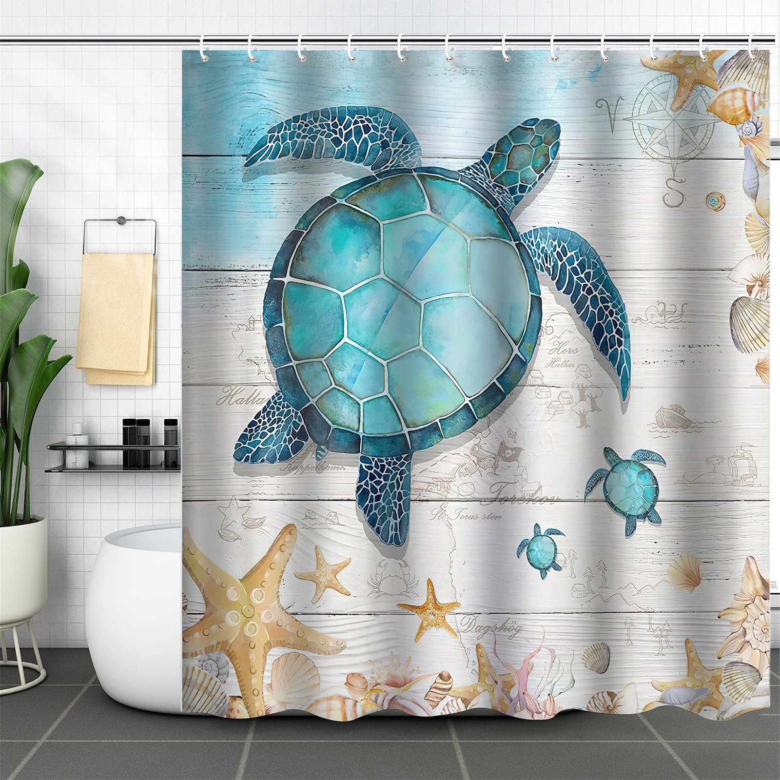 FAIRYGATE Shower Curtains Mould Proof Resistant Shower Curtain and Window Curtain Nautical Blue Ocean Turtles 72x72in Fabric Window Curtains for Bathroom B9310