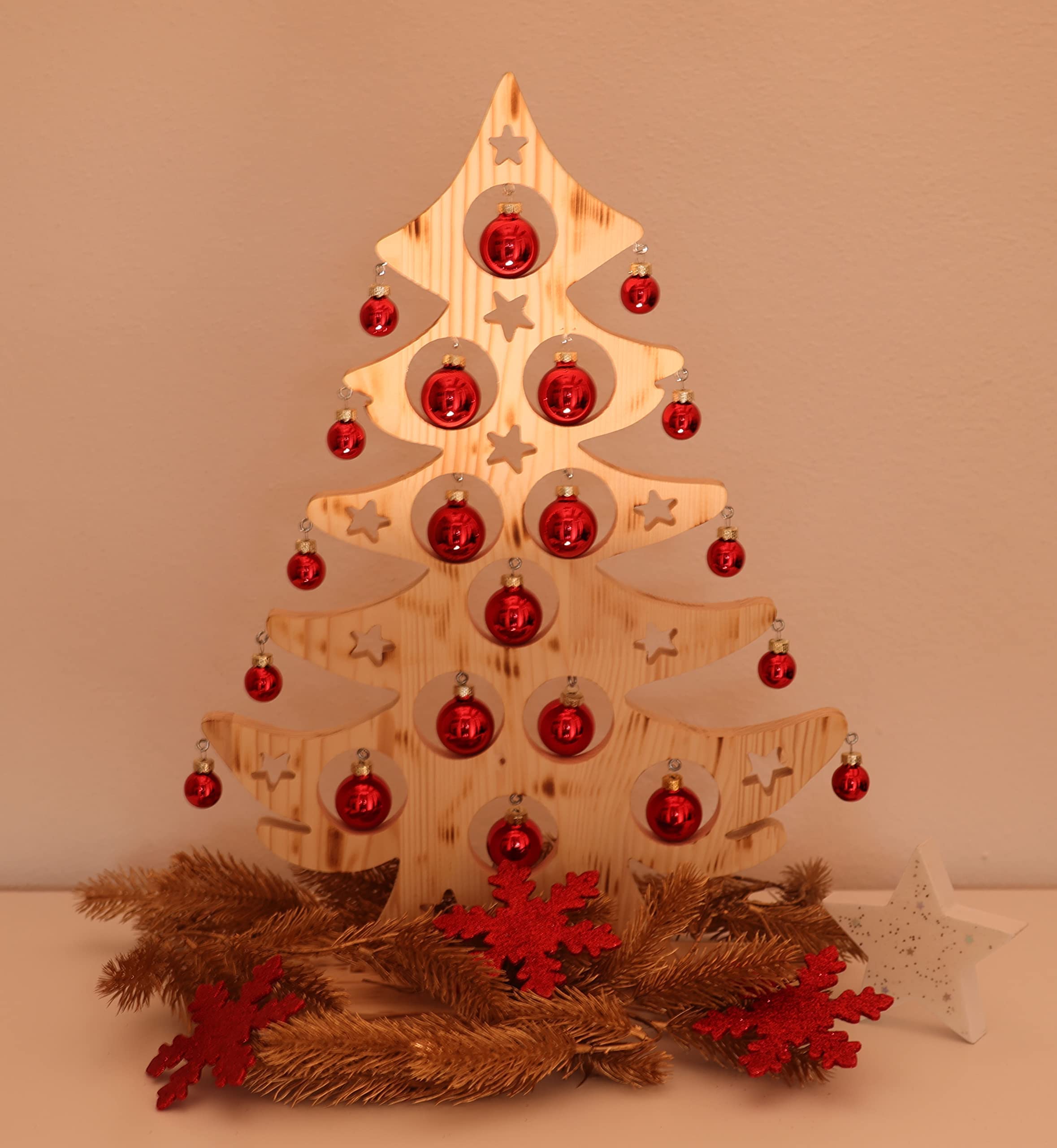 Sapin de Noël en bois grand – Décoration de sapin de Noël à poser sur table avec 21 boules de Noël. Décoration de Noël en bois à poser. Alternative au sapin de Noël