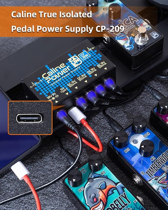Caline Guitar Pedal Power Supply,9V 500ma Pedal Board Power Supply, Mini True Isolated Pedal Power Supply With Type-C Outlet and 4 Way Daisy Chain