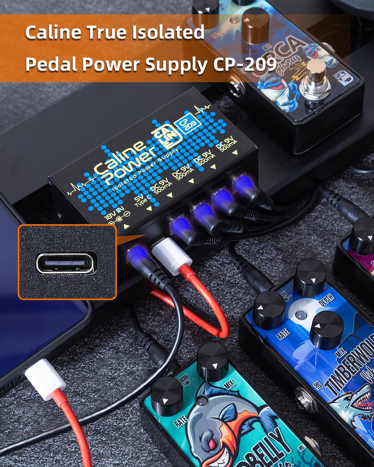 Caline Gitarrenpedal-Netzteil, 9 V, 500 mA, Pedalboard-Netzteil, Mini-Pedal-Netzteil mit Typ-C-Ausgang und 4-Wege-Daisy-Kette