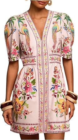 Floerns Womens Summer Tropical Mini Dress Puff Sleeve V Neck Vacation Outfit A Line Dresses