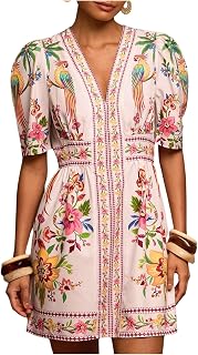 Floerns Women's Summer Tropical Mini Dress Puff Sleeve V Neck Vacation Outfit A Line Dresses