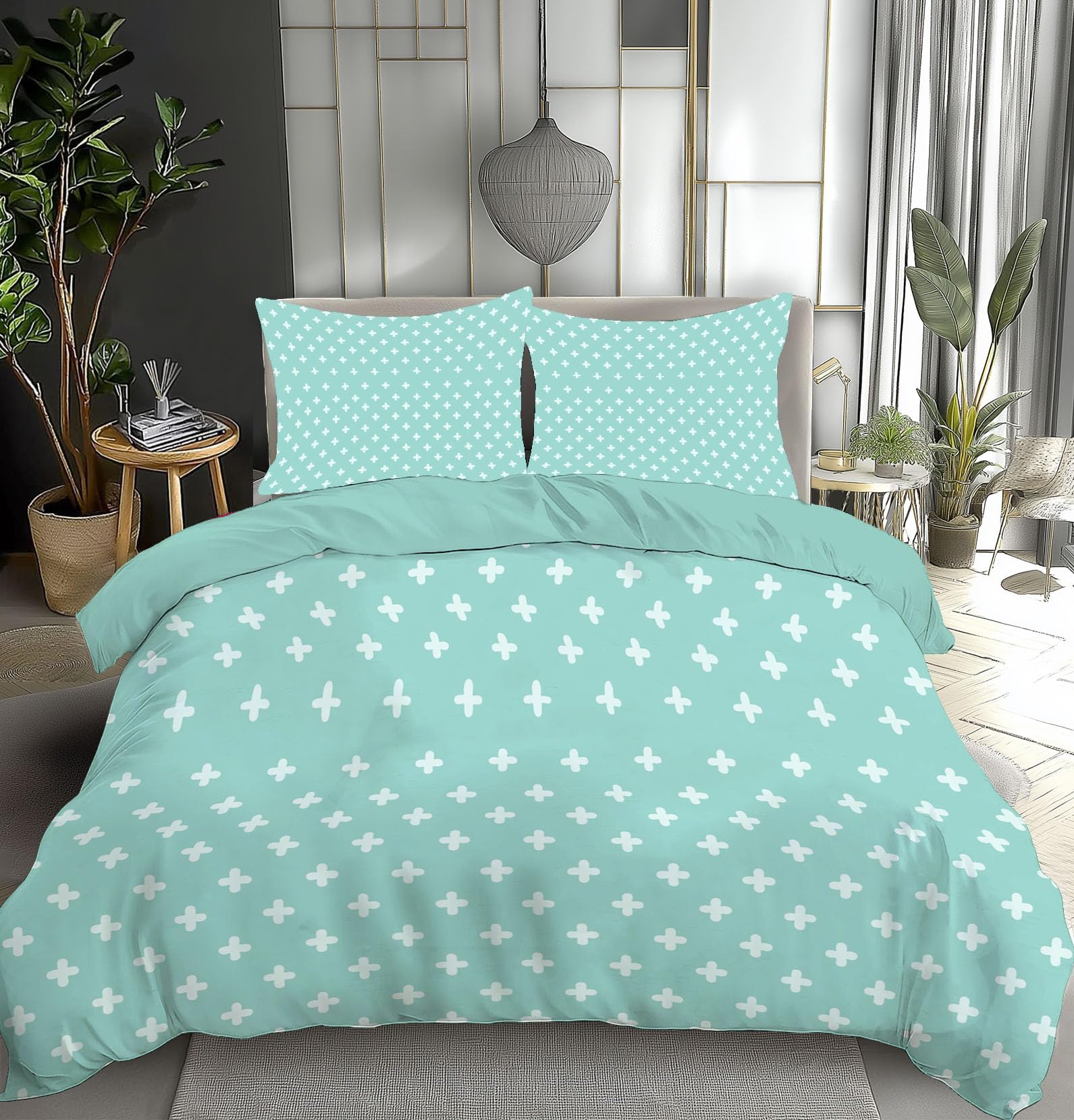 Housse de Couette 220x240cm Bleu Vert Clair avec 2 Taies d'Oreiller Parure de Lit Bohème pour 2 Personnes