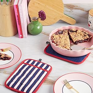 Kate Spade New York Botanical Stripe Pot Holder 2-Pack Set, 7" x 10", Navy Blue/Red
