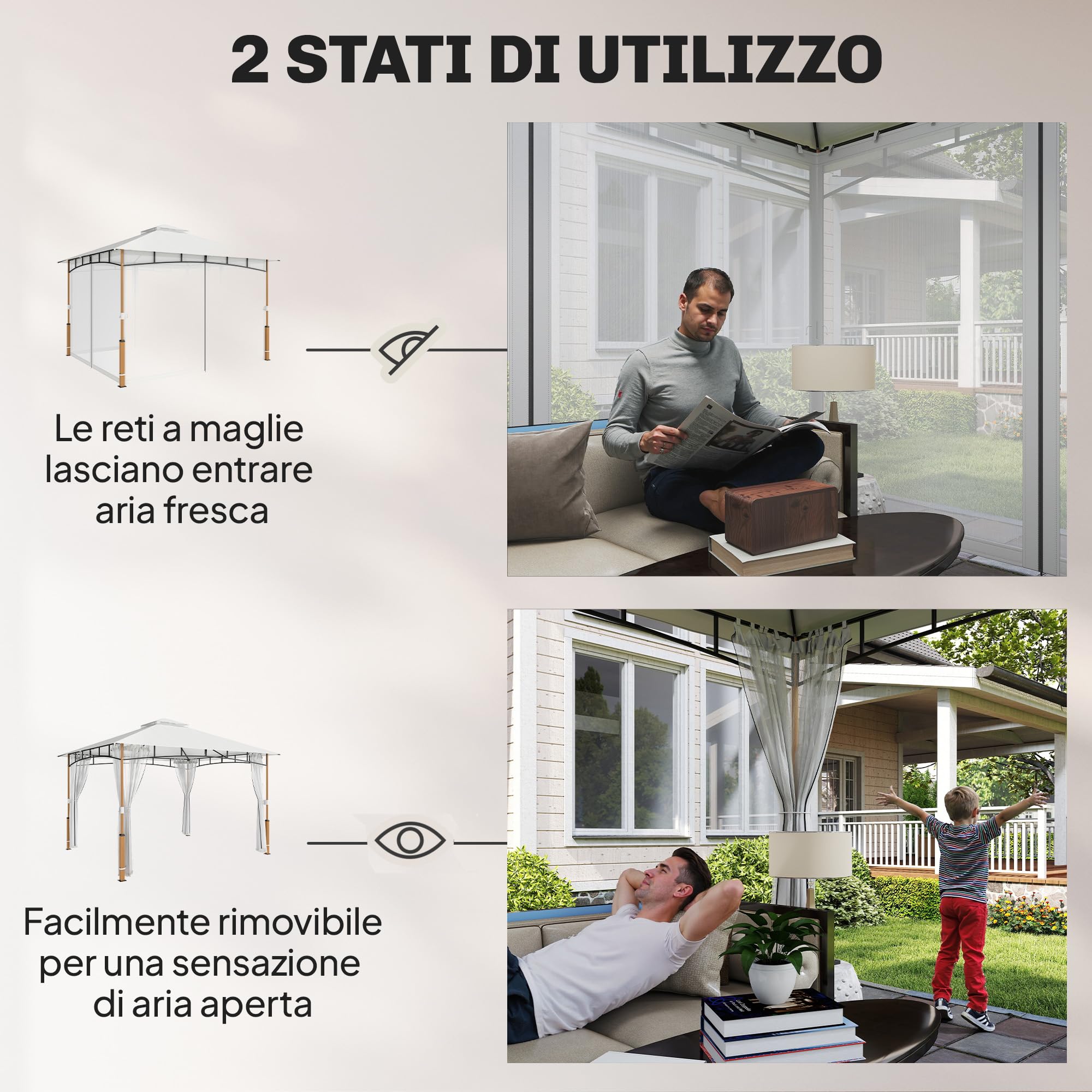 Outsunny Gazebo da Giardino 3x3.6 m Parete Zanzariera Doppio Tetto Crema