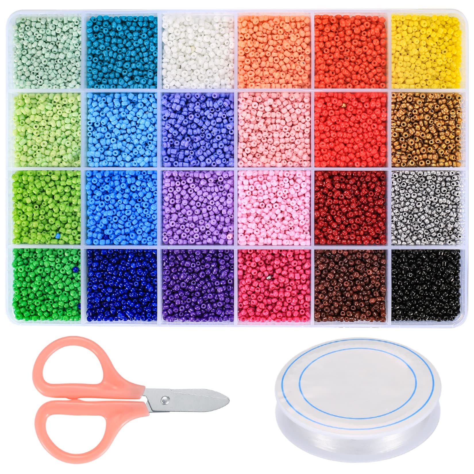 12047 Piezas Cuentas de Letras y Cuentas de Vidrio, 2 mm Mini Cuentas de Semillas de Colores con Tijeras, Cordones Elásticos para Pulseras, Collares