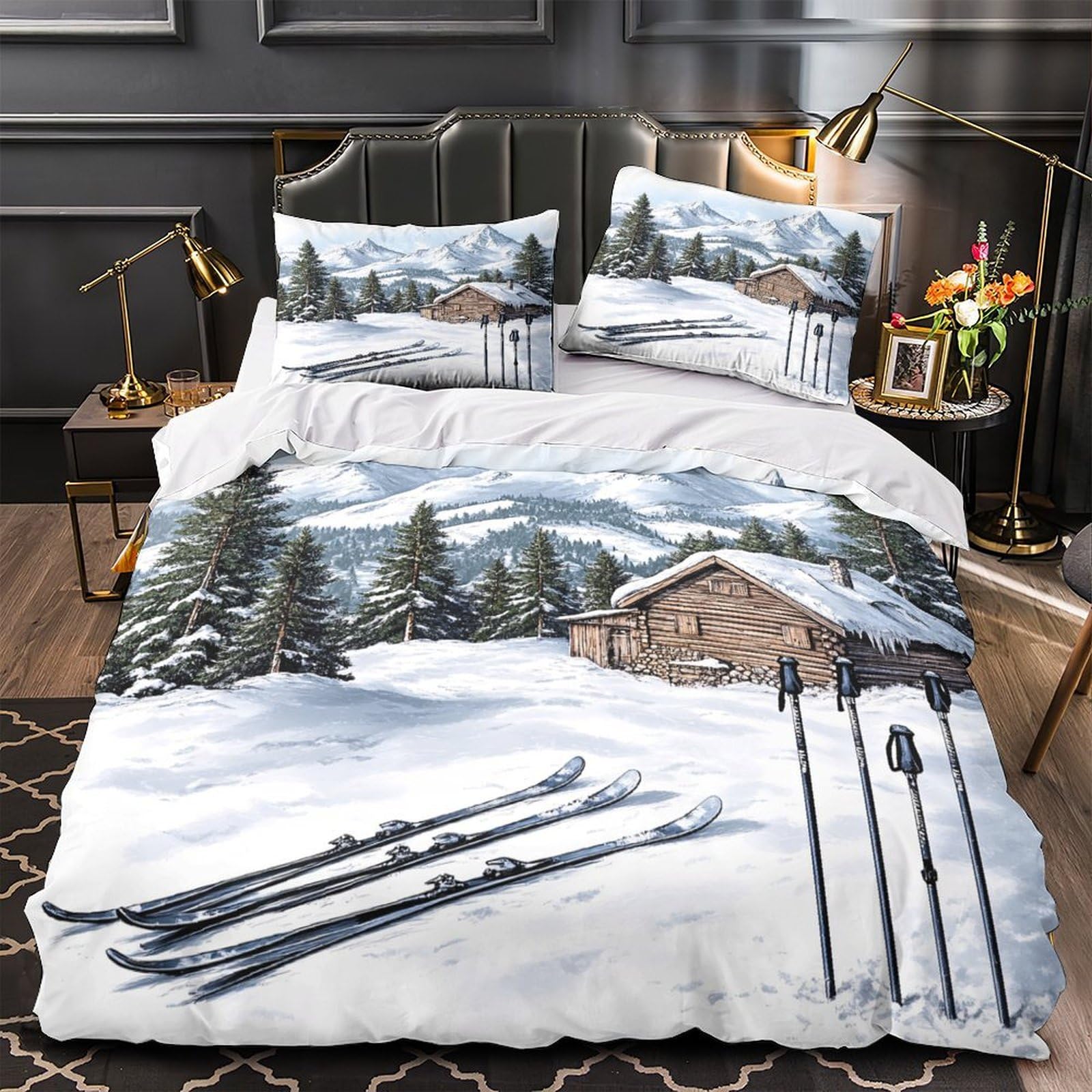 Parure de lit microfibre 135x200cm chalet d'hiver avec housse de couette single
