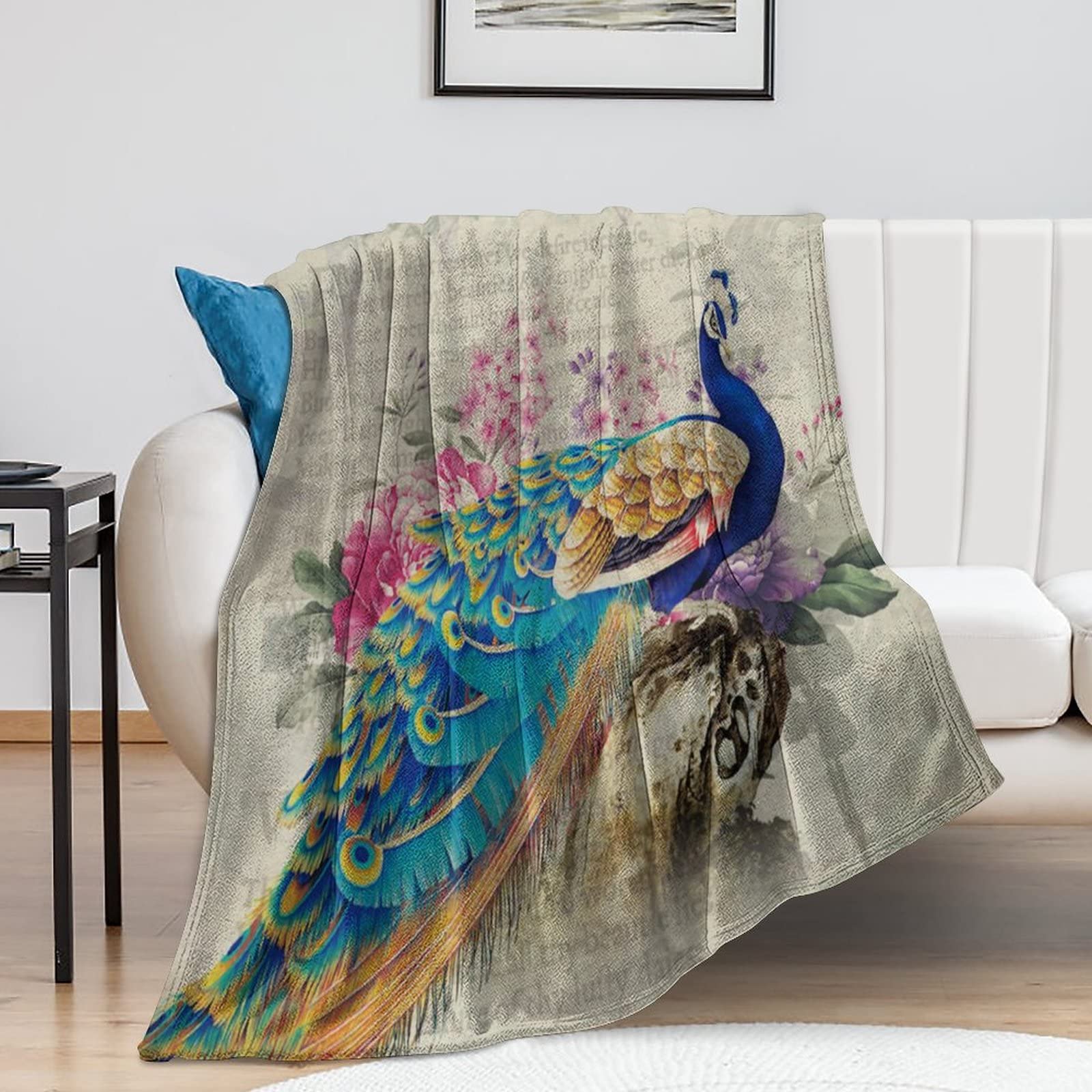 Couverture de lit paon vintage en peluche douce 127x152 cm pour canapé