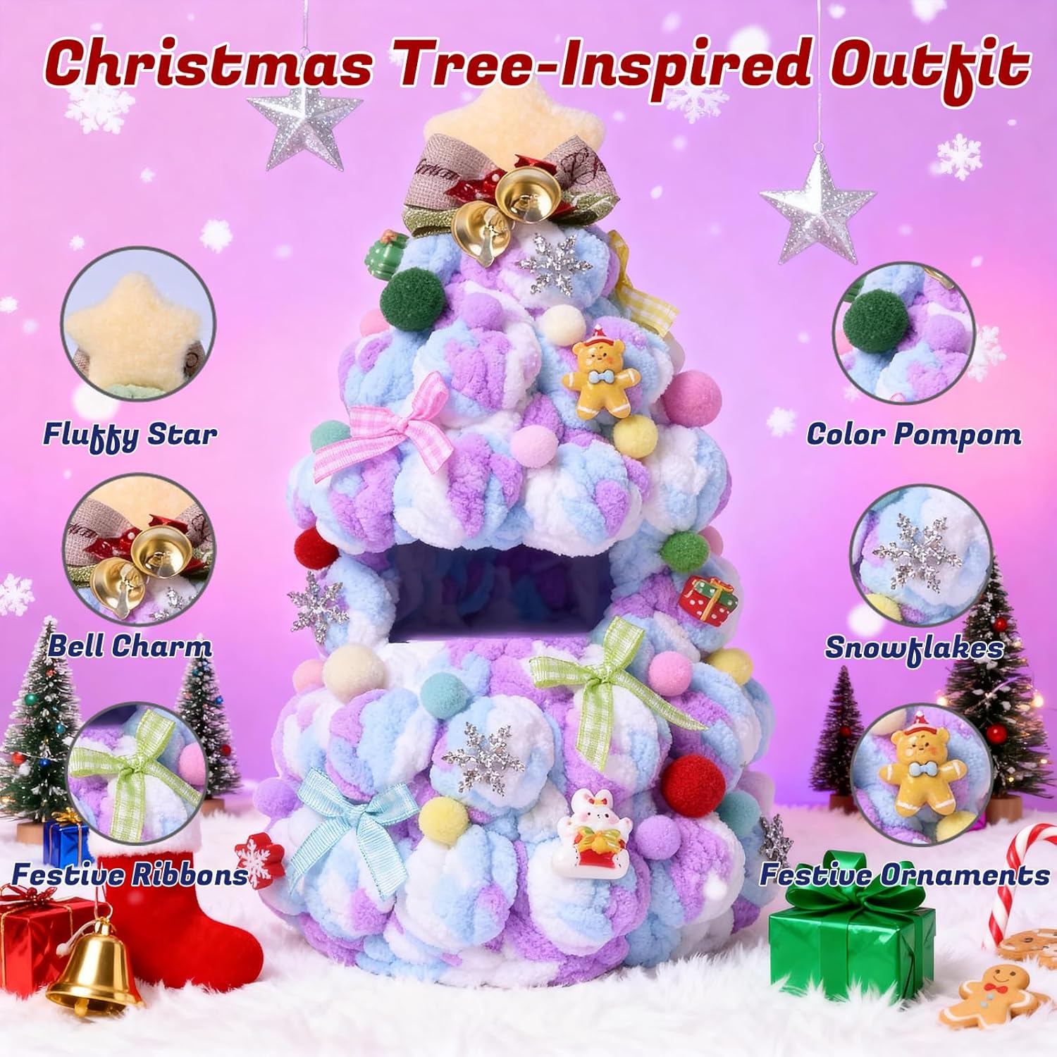 Christmas Tree Doll Clothes Outfit for 15/17cm Dolls – Knitted Holiday Costume with Star, Bow, Bells,Snowflakes & Festive Ornaments,Cute Christmas Doll Clothing Gift for Party&Display, Blue Purple Mix Blue-purple Mixing