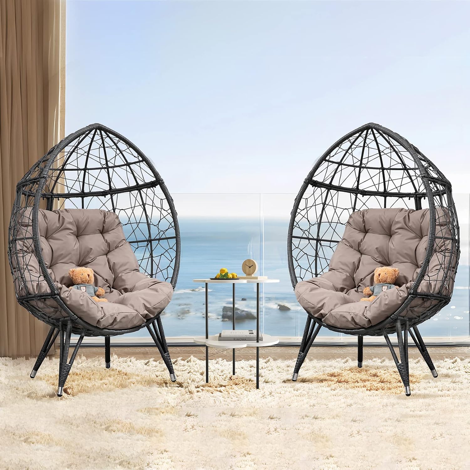 Outdoor Wicker Egg Chair Set of 2, Oversized Patio Lounger