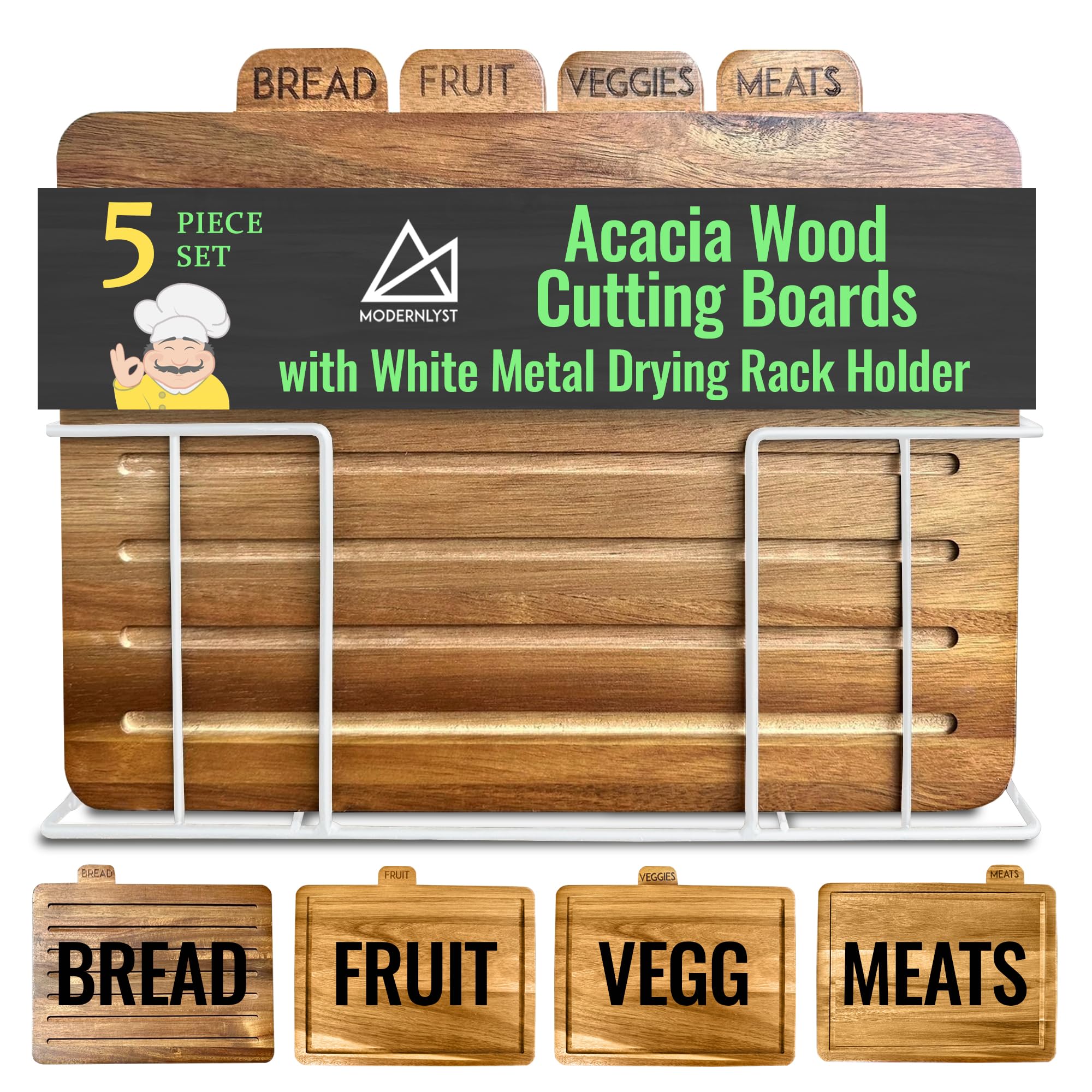 Tablas de cortar de madera para cocina con soporte | Pestañas etiquetadas en cada tabla | Moderno juego de tablas de cortar de madera | Cortar organizado y limpio todos los días | Juego de