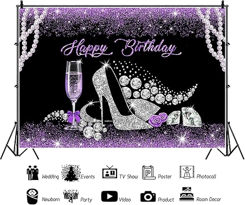 Miniatura 5 de Baocicco Telón de fondo de feliz cumpleaños de 10 x 8 pies, zapatos de tacón alto con perlas y Diomand, para cumpleaños, baner, morado, purpurina,